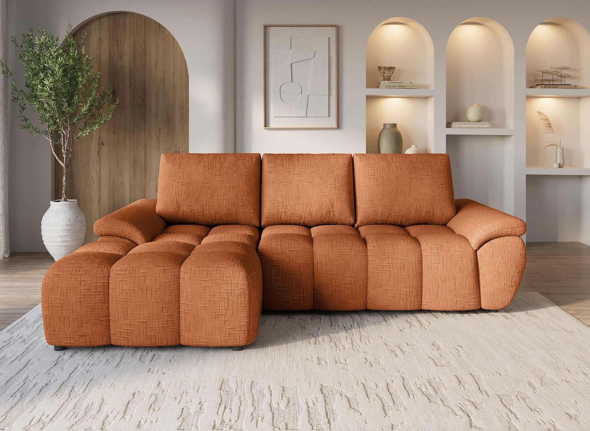 Sofá esquinero reclinable eléctrico ALPES en terciopelo terracota jaspeado - Esquina izquierda