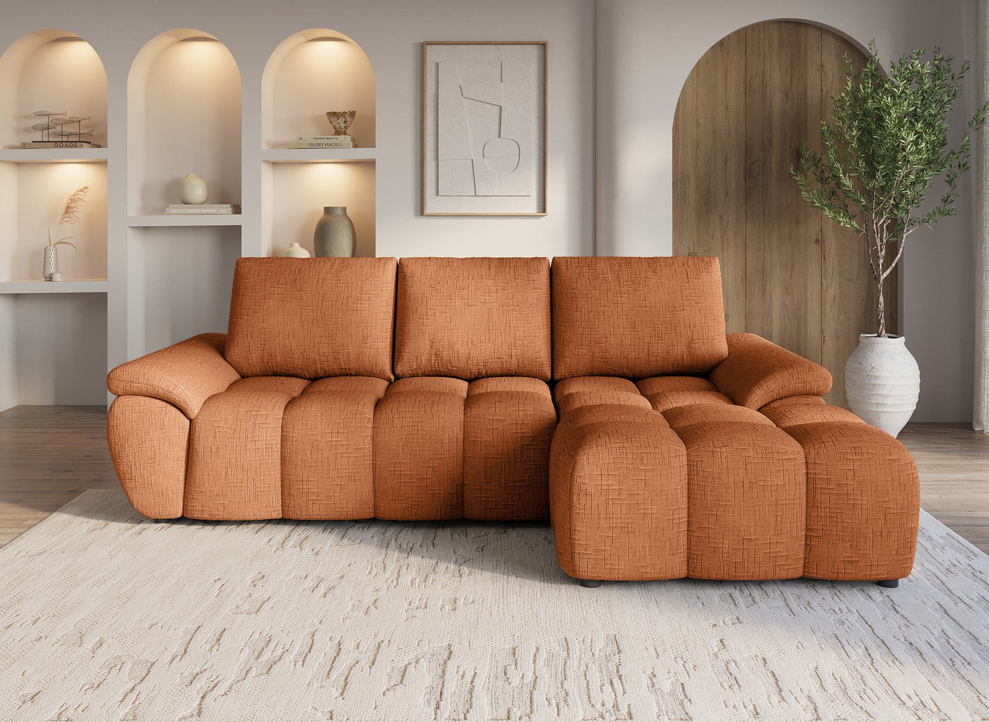 Sofá esquinero reclinable eléctrico ALPES en terciopelo jaspeado terracota - Esquina derecha