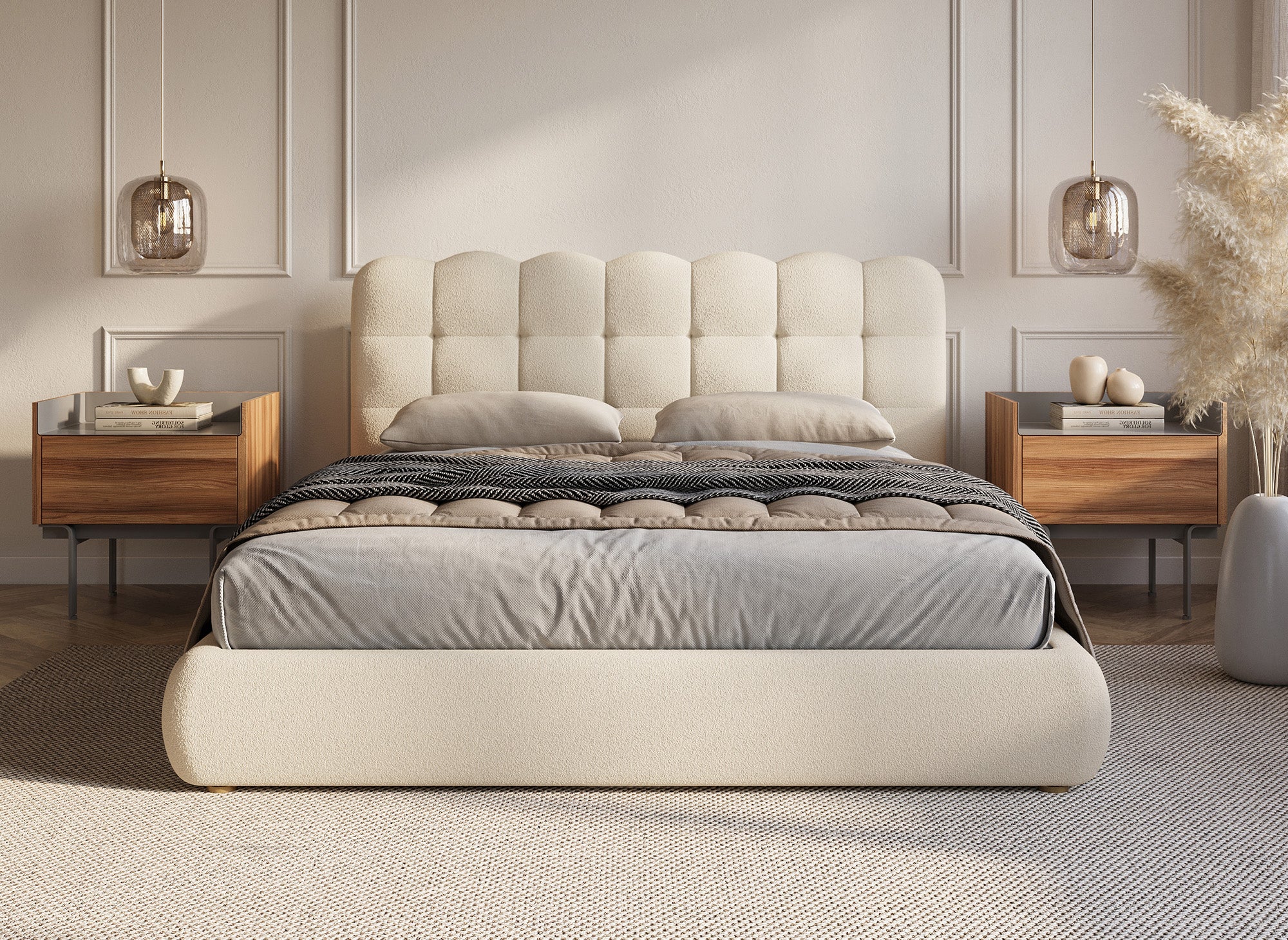 Cama contenedor de tela bouclé beige Biscuit 180x200 cm