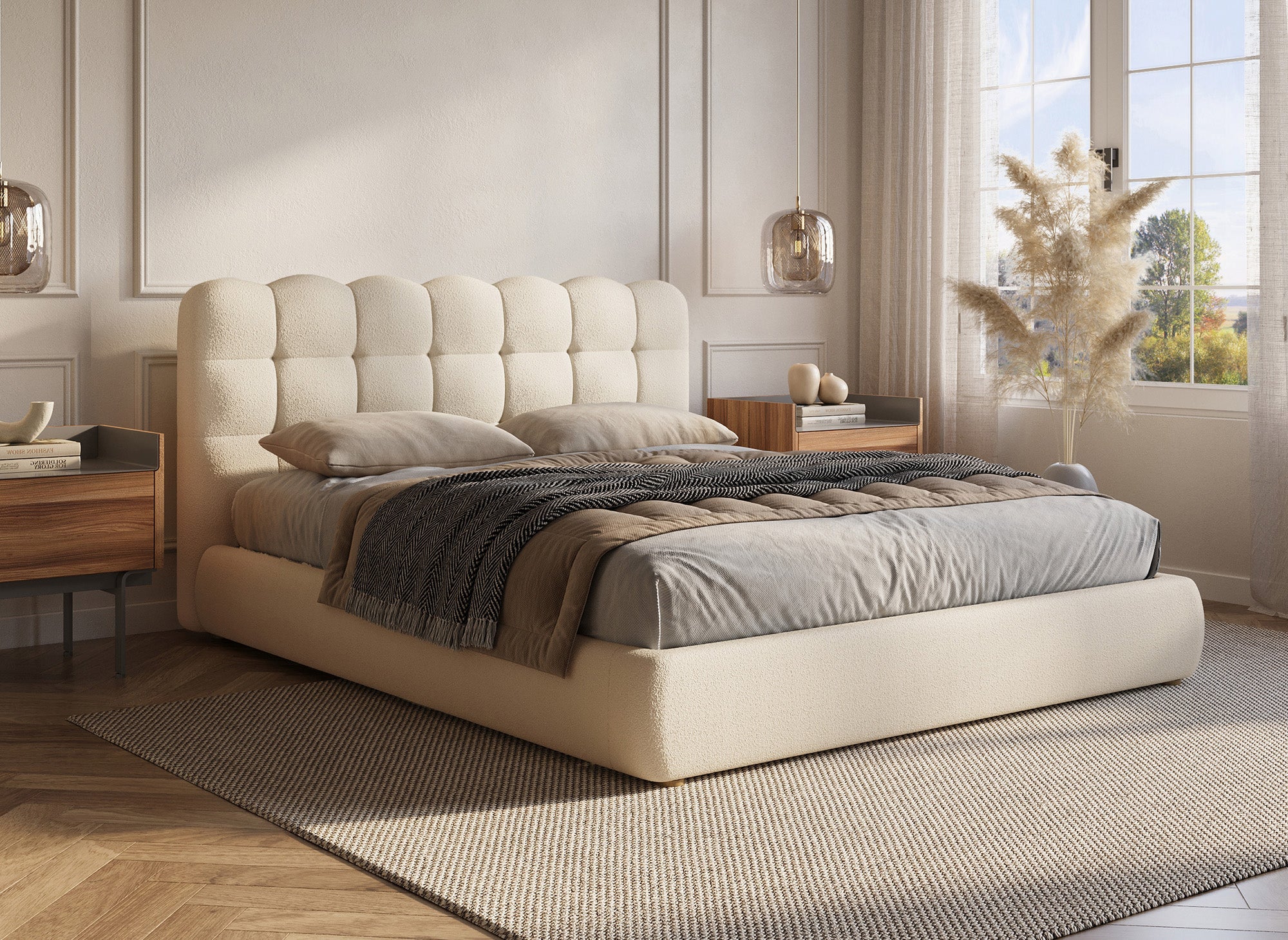 Cama contenedor de tela bouclé beige Biscuit 160x200 cm