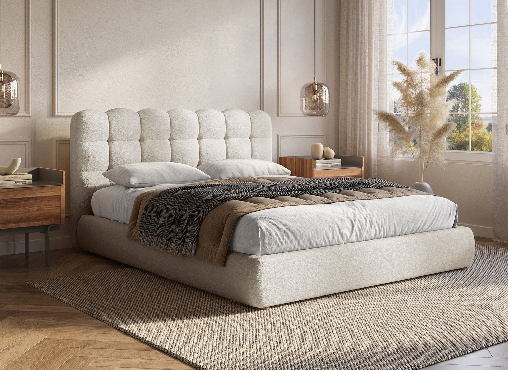 Cama contenedor de tela bouclé beige Biscuit 160x200 cm