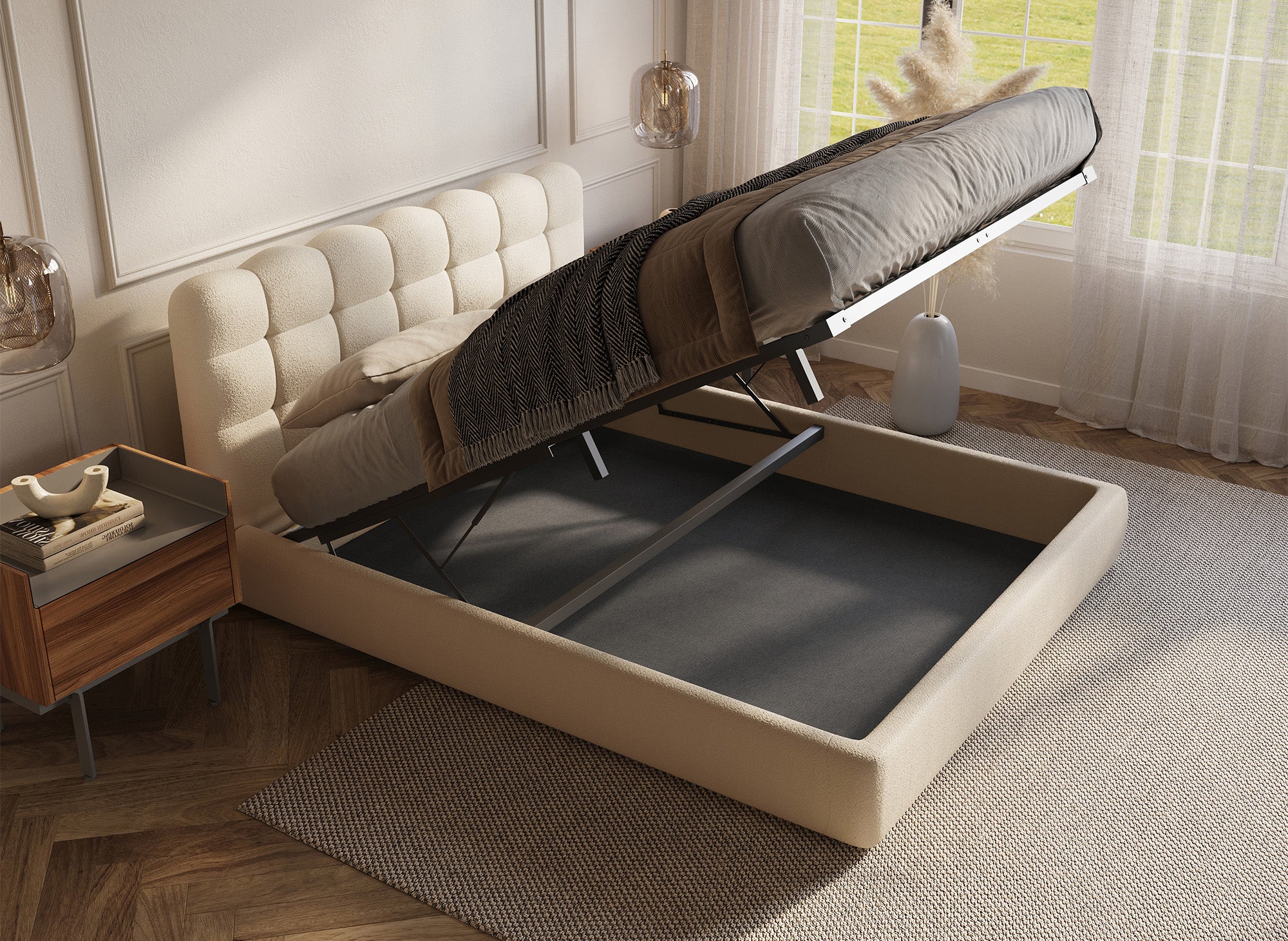 Cama contenedor de tela bouclé beige galleta 140x190 cm