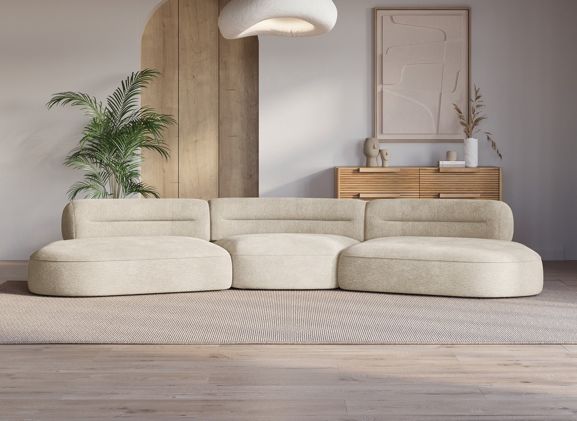 Sofá recto IMENIA de 5 plazas en terciopelo tejido beige