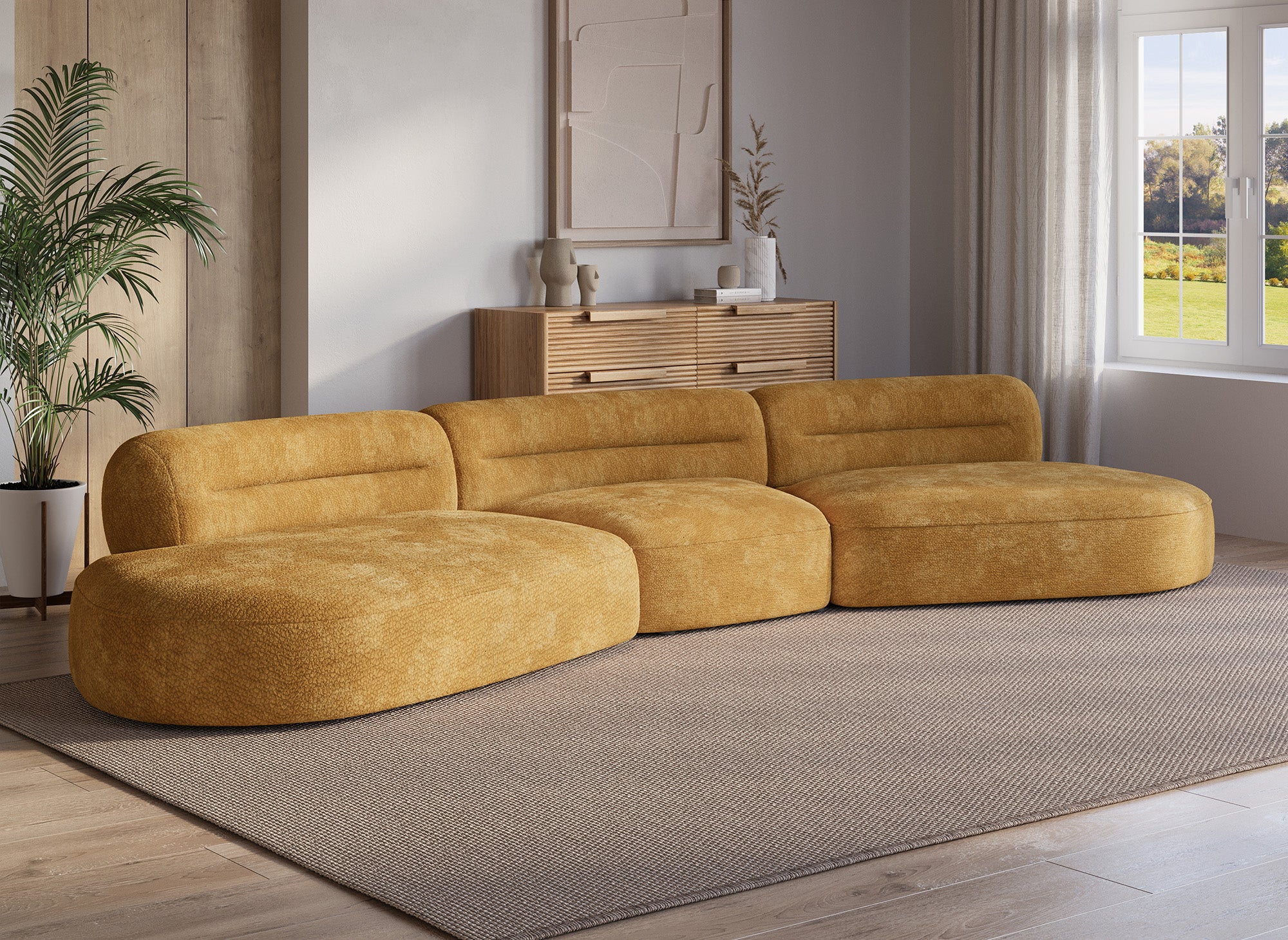 Sofá recto IMENIA de 5 plazas en terciopelo tejido color mostaza