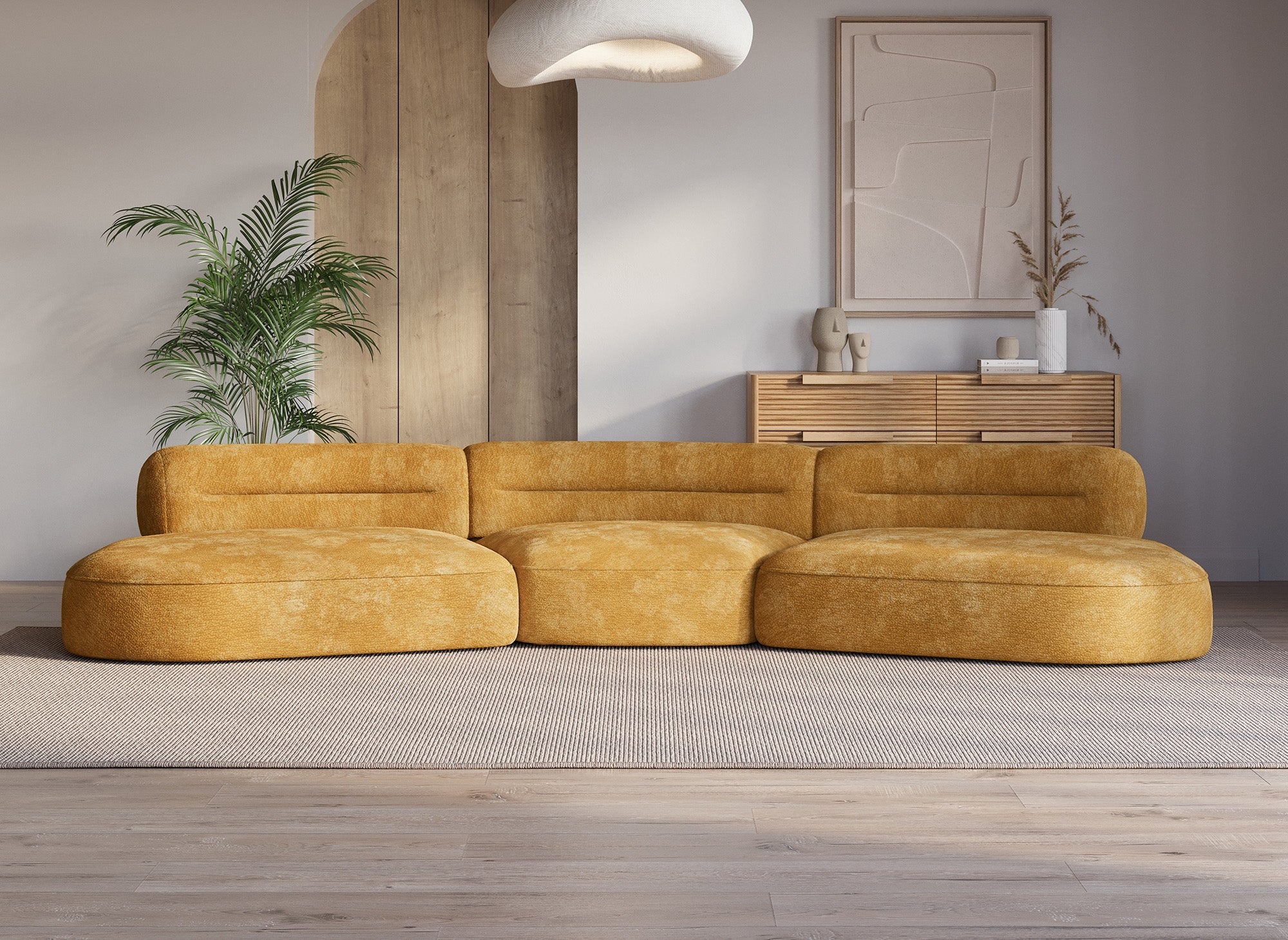Sofá recto IMENIA de 5 plazas en terciopelo tejido color mostaza