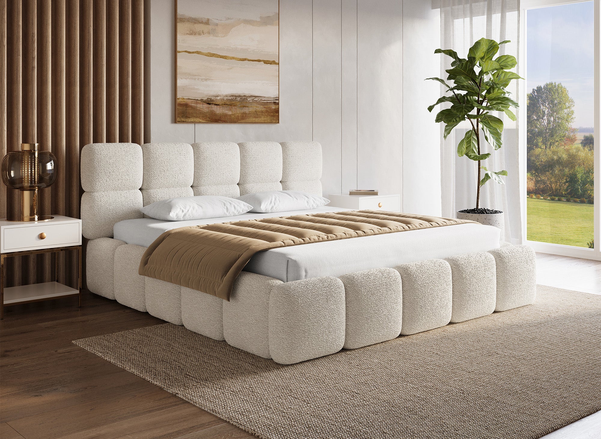 Cama con almacenaje BUBBLE de tela bouclé beige, 180x200 cm