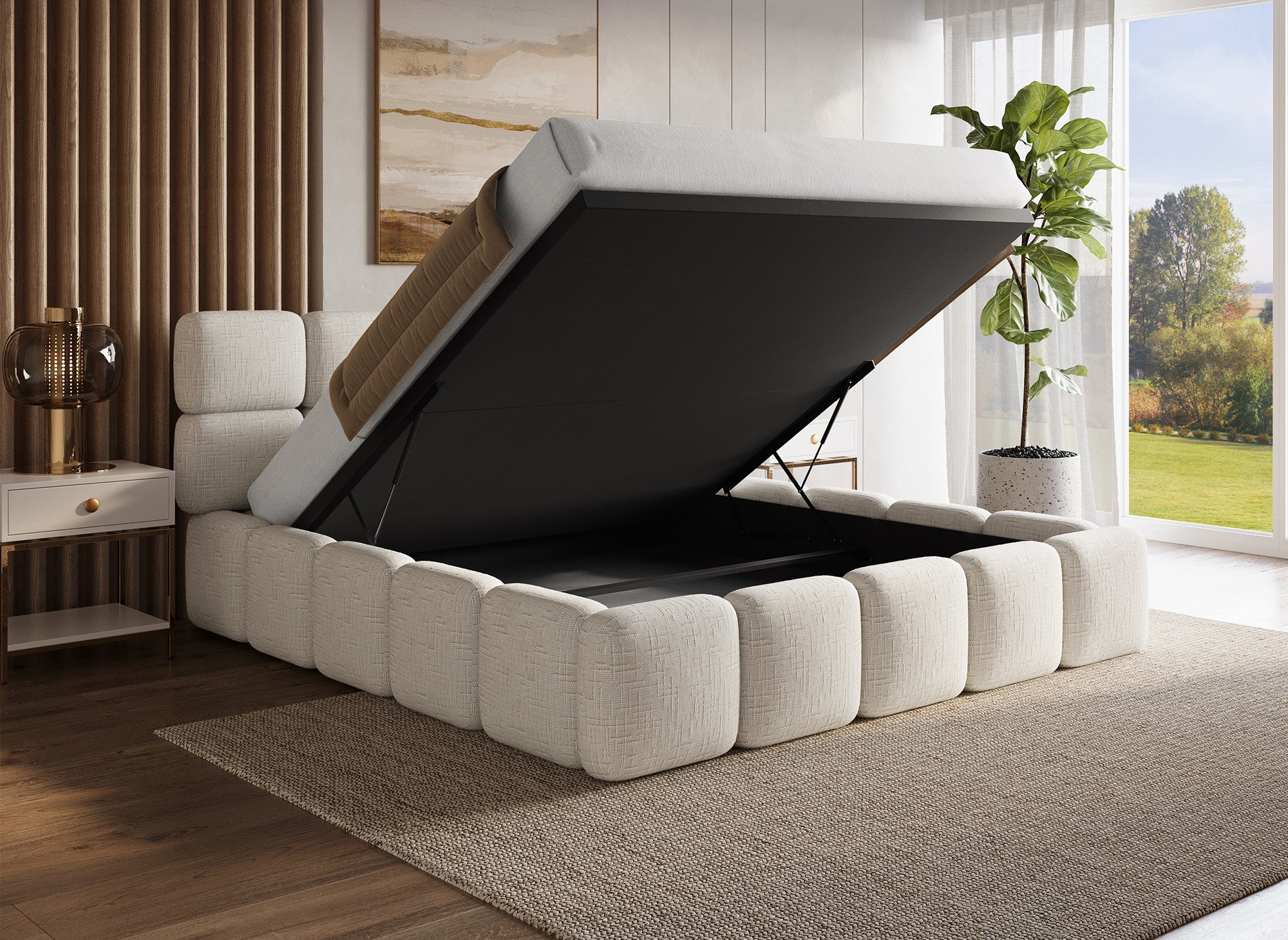 Cama con almacenaje BUBBLE de terciopelo jaspeado beige, 180x200 cm