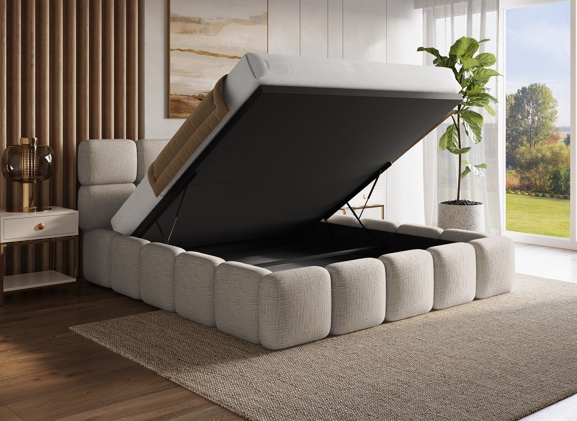 Cama de almacenaje BUBBLE de 180x200 cm en terciopelo jaspeado color topo