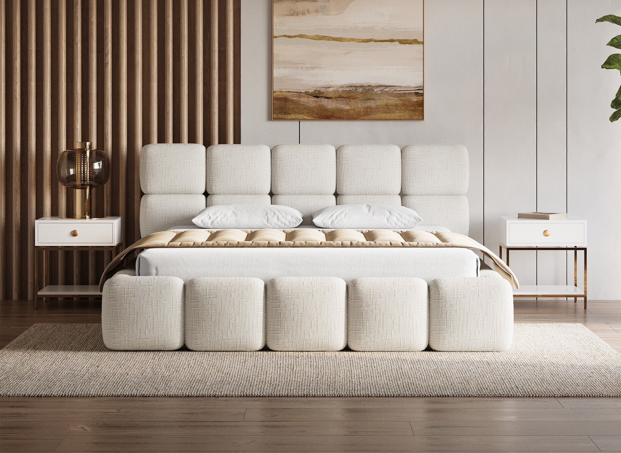 Cama con almacenaje BUBBLE de terciopelo jaspeado beige, 180x200 cm