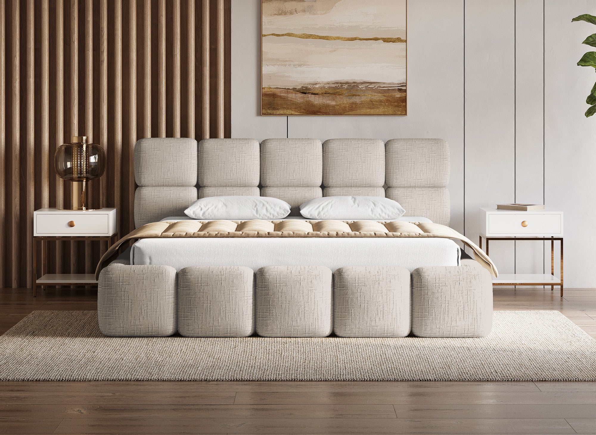 Cama de almacenaje BUBBLE de 180x200 cm en terciopelo jaspeado color topo