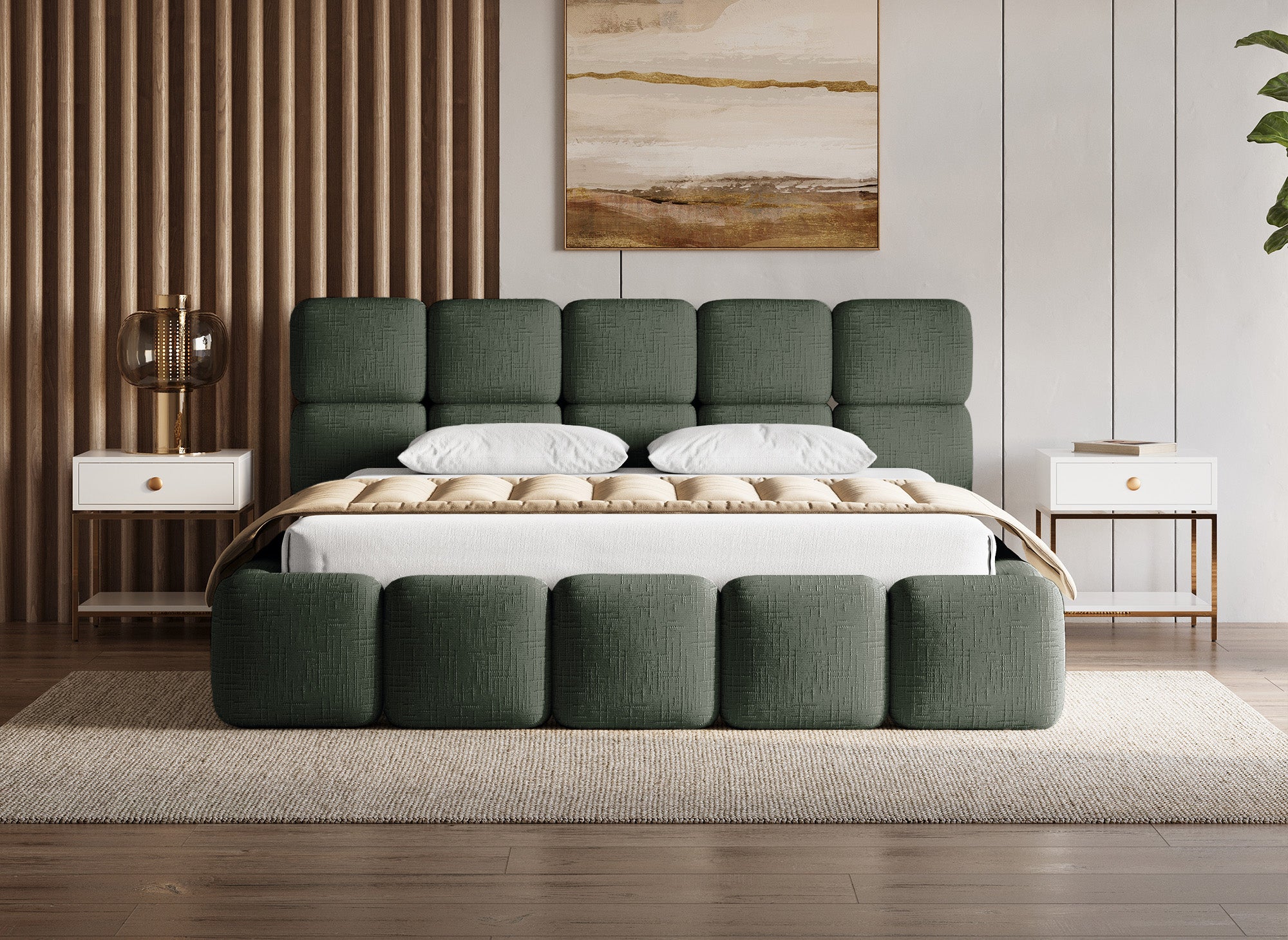 Cama con almacenaje BUBBLE en terciopelo jaspeado verde oliva, 180x200 cm