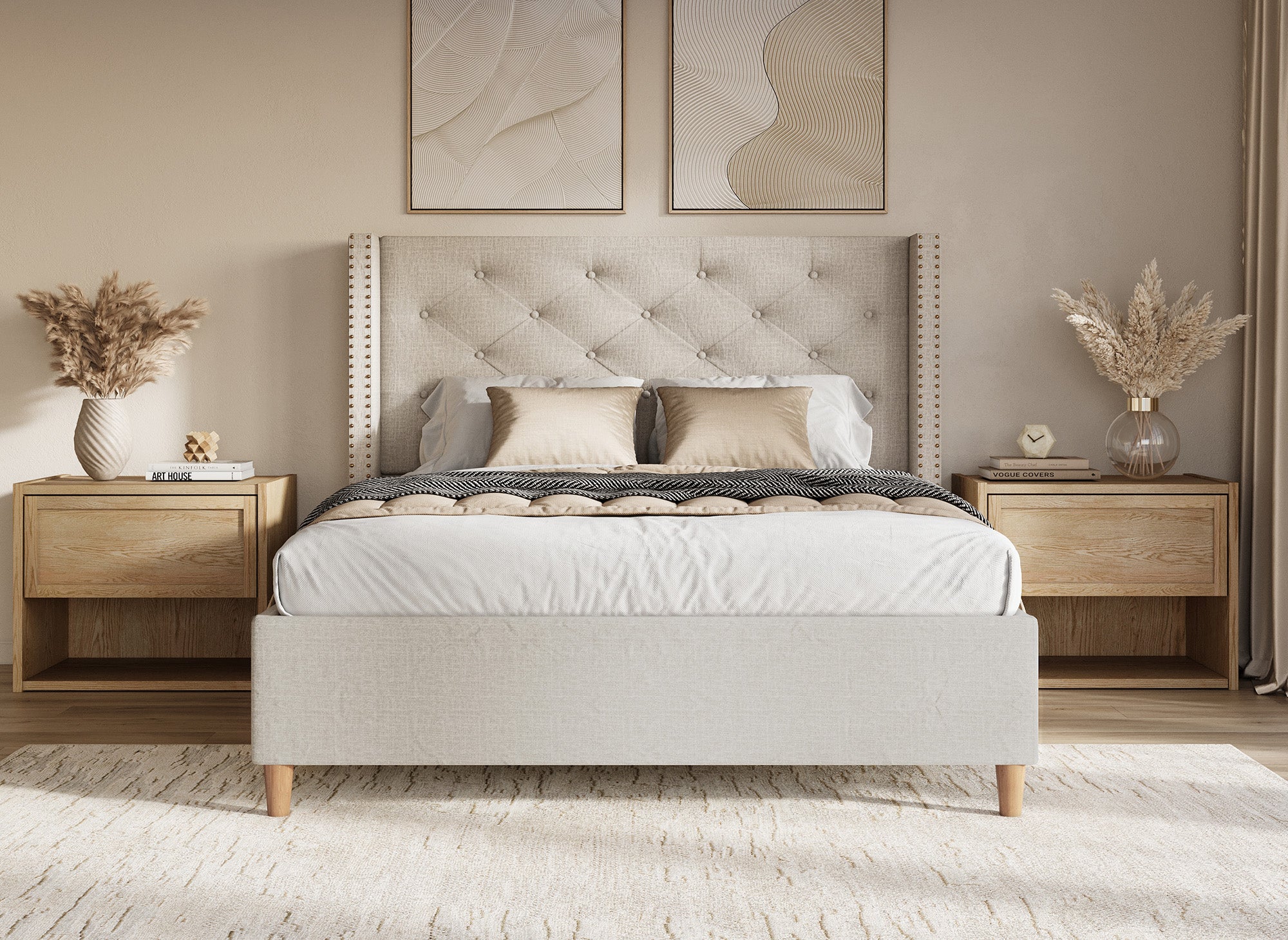 Cama doble tapizada MARGOT color beige, 140 x 190 cm