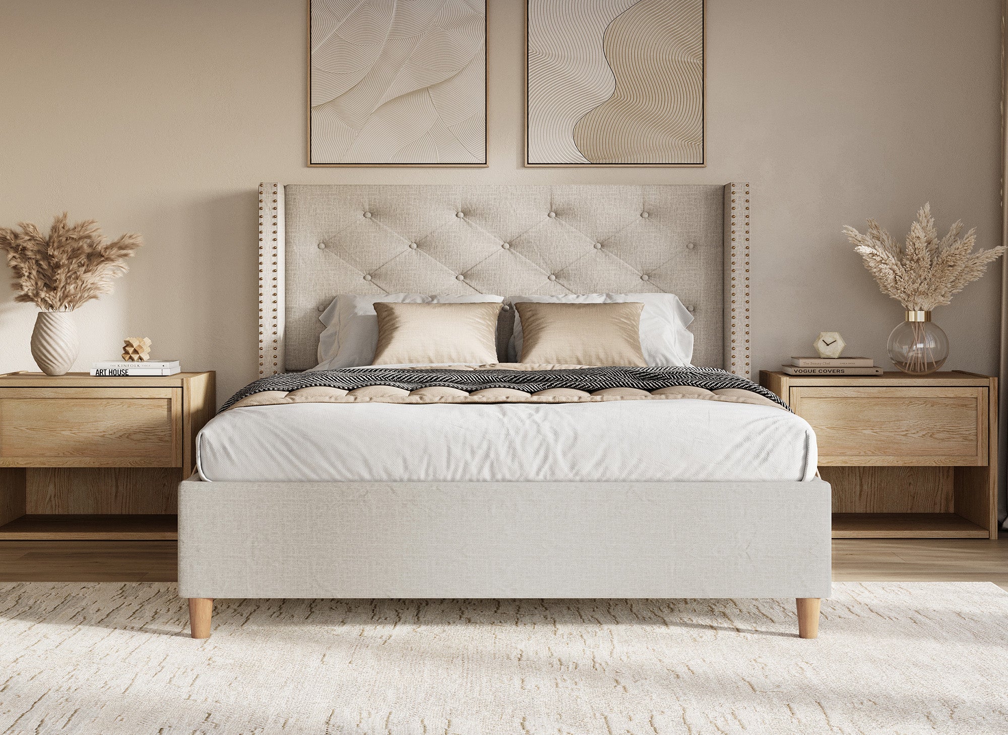 Cama doble tapizada MARGOT color beige, 180 x 200 cm