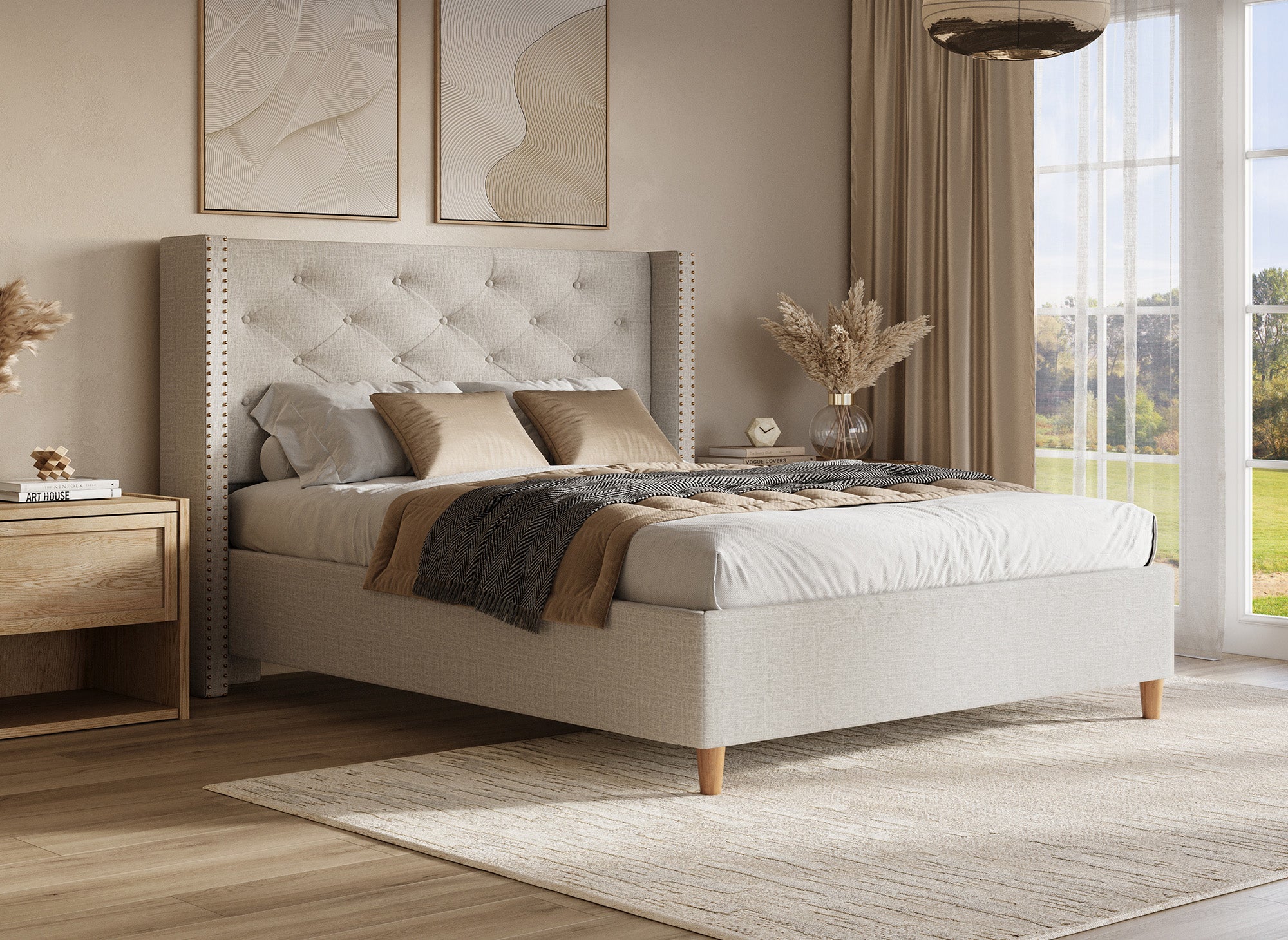 Cama doble tapizada MARGOT color beige, 180 x 200 cm