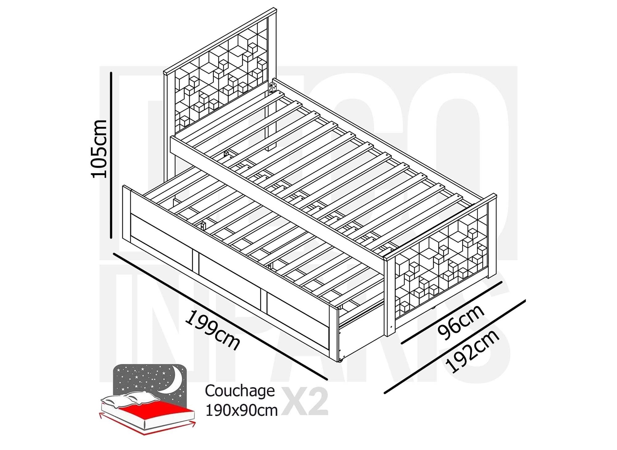 Cama nido ENORA con cajones en madera gris, 90 x 190 cm