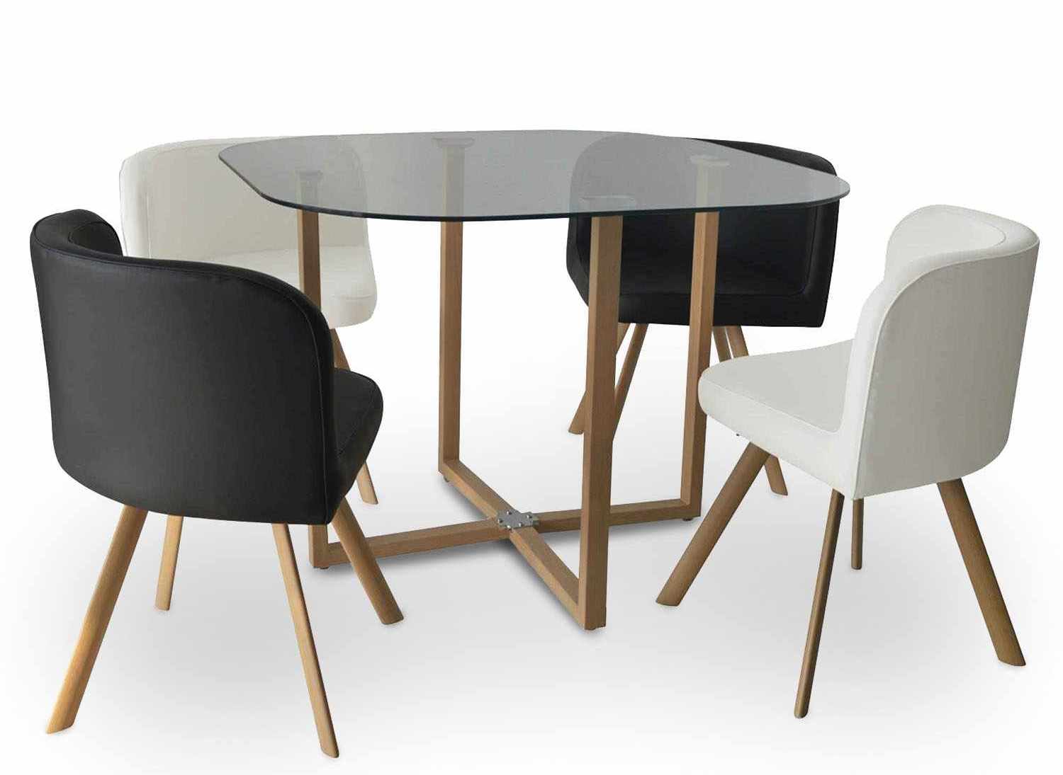Mesa de comedor de cristal FLEN + 4 sillas blancas y negras