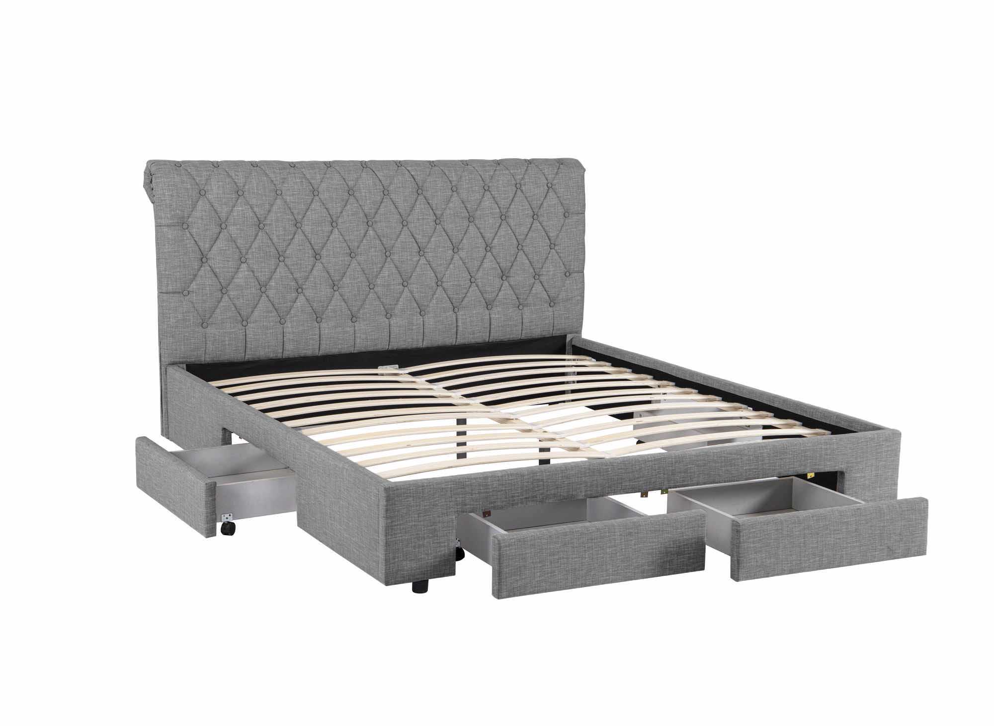 Cama doble con 4 cajones en lino gris 140x190 cm LEANDRÉ