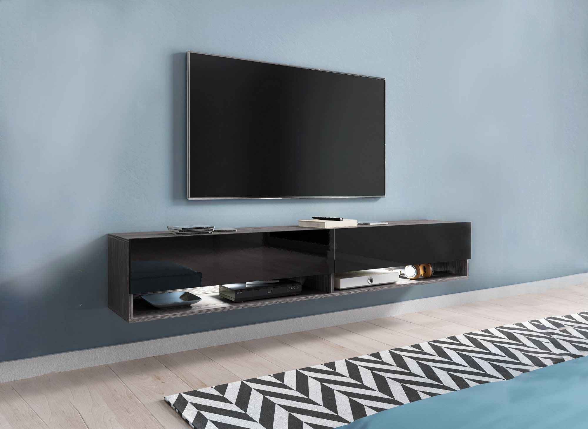 Mueble de TV mural ROMANE XXL con 2 puertas y 2 estantes, gris oscuro y negro - 180 cm