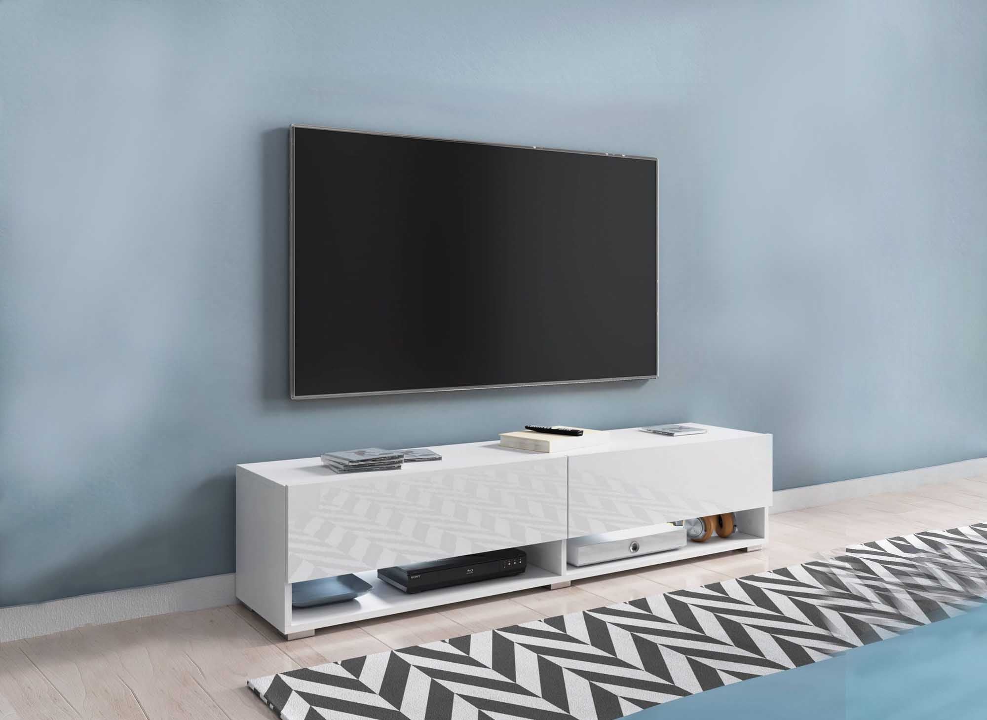 Mueble de TV mural ROMANE con 1 puerta y 2 estantes, blanco - 100 cm
