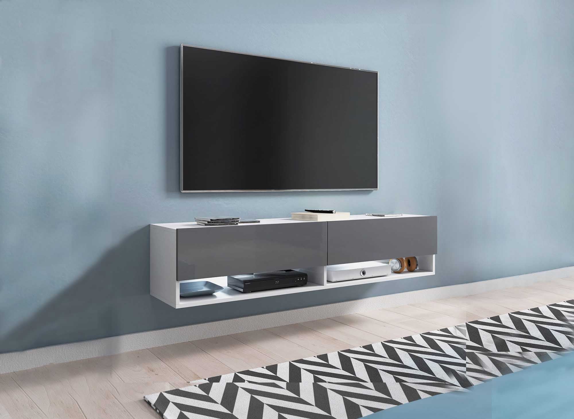 Mueble de TV mural ROMANE XL con 2 puertas y 2 estantes, blanco y gris - 140 cm