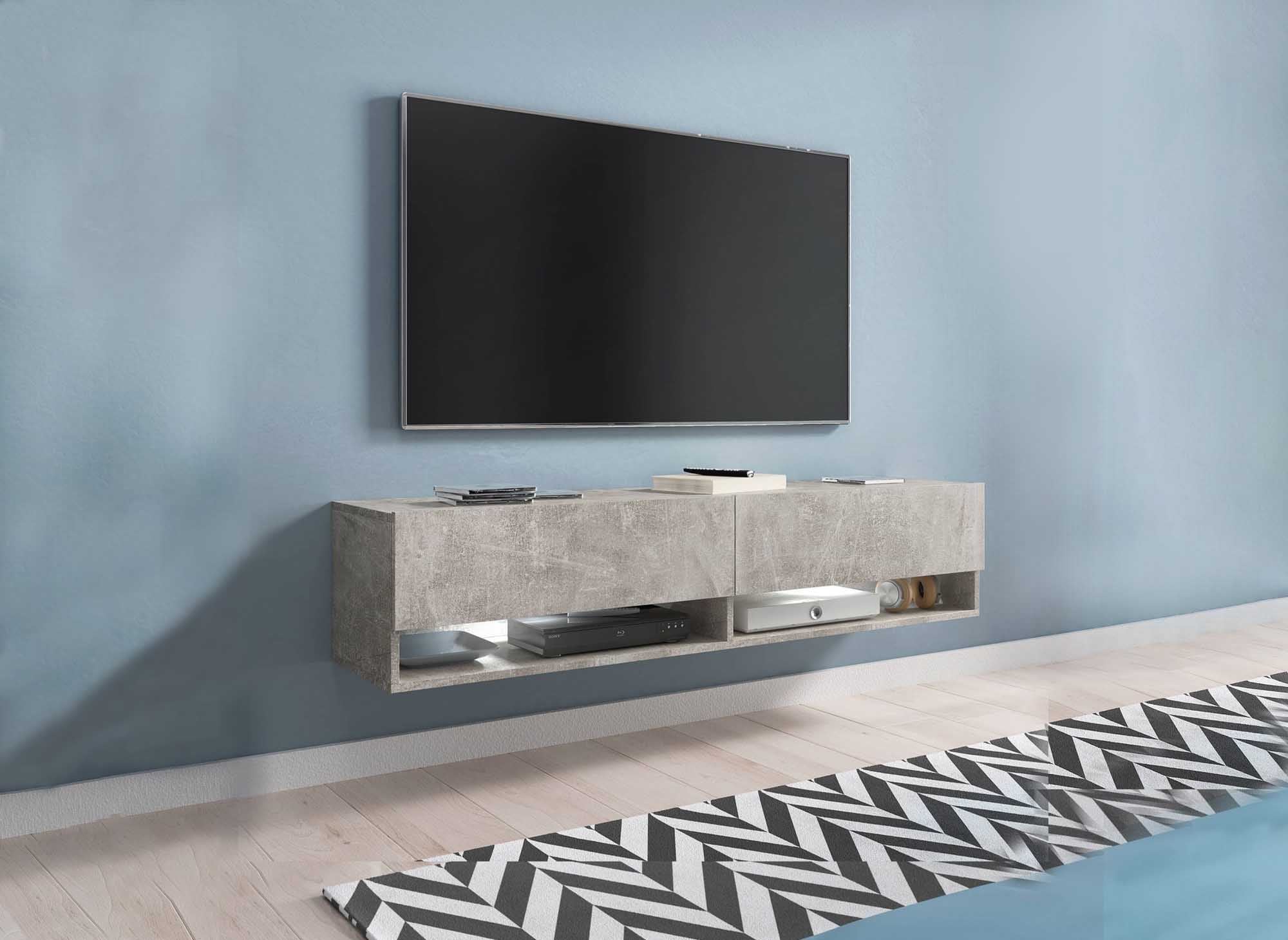 Mueble de TV mural ROMANE XL con 2 puertas y 2 nichos, gris hormigón - 140 cm