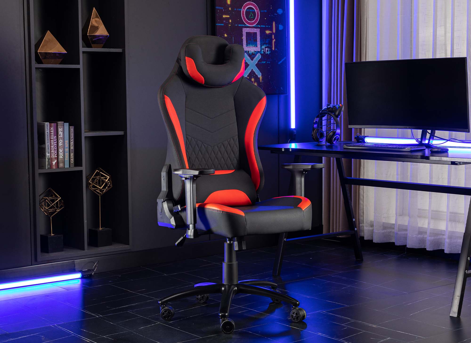 Silla de oficina gaming EVALD de piel sintética negra y roja