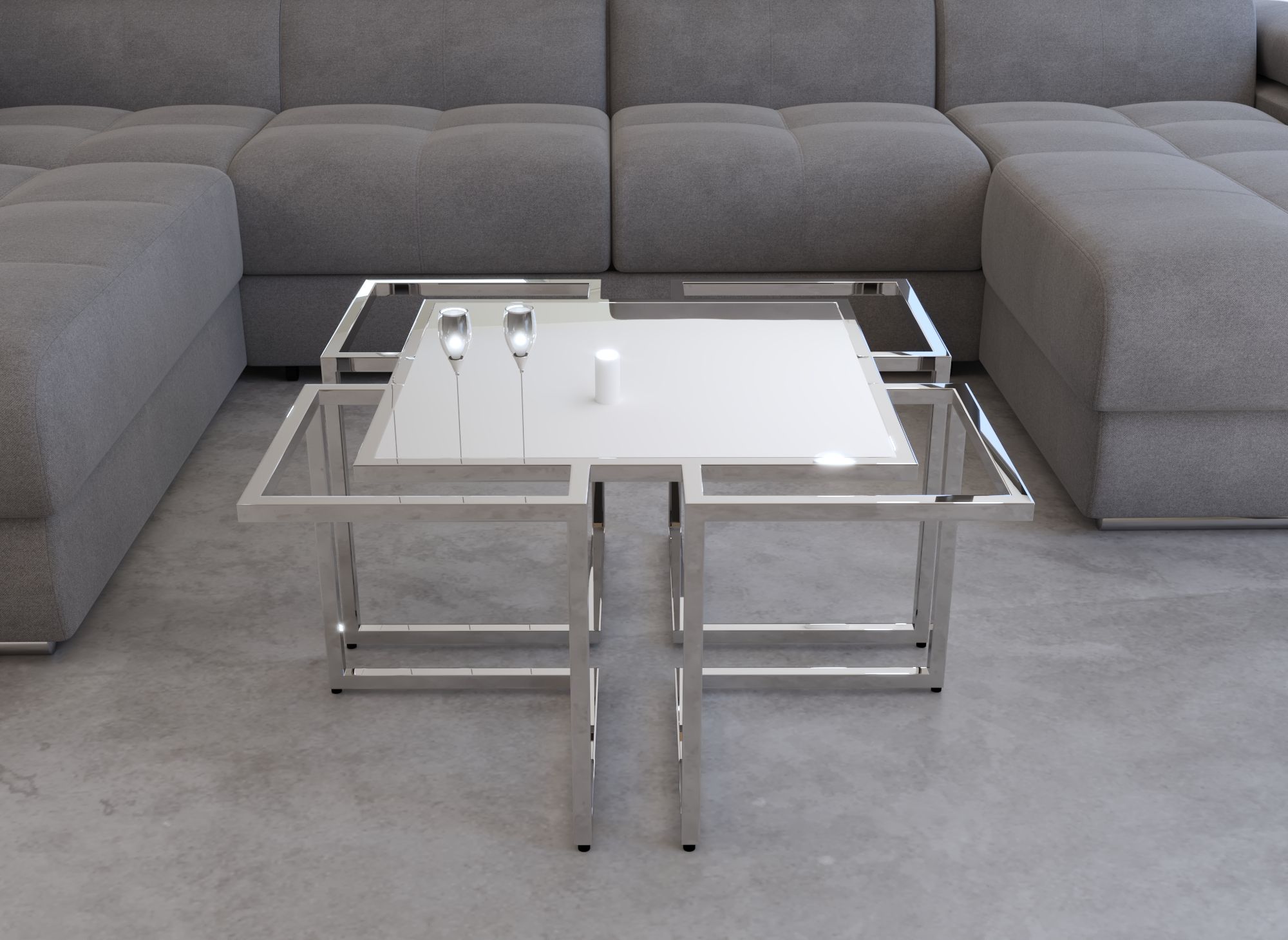 Mesa de centro rectangular con patas geométricas plateadas MORELIA