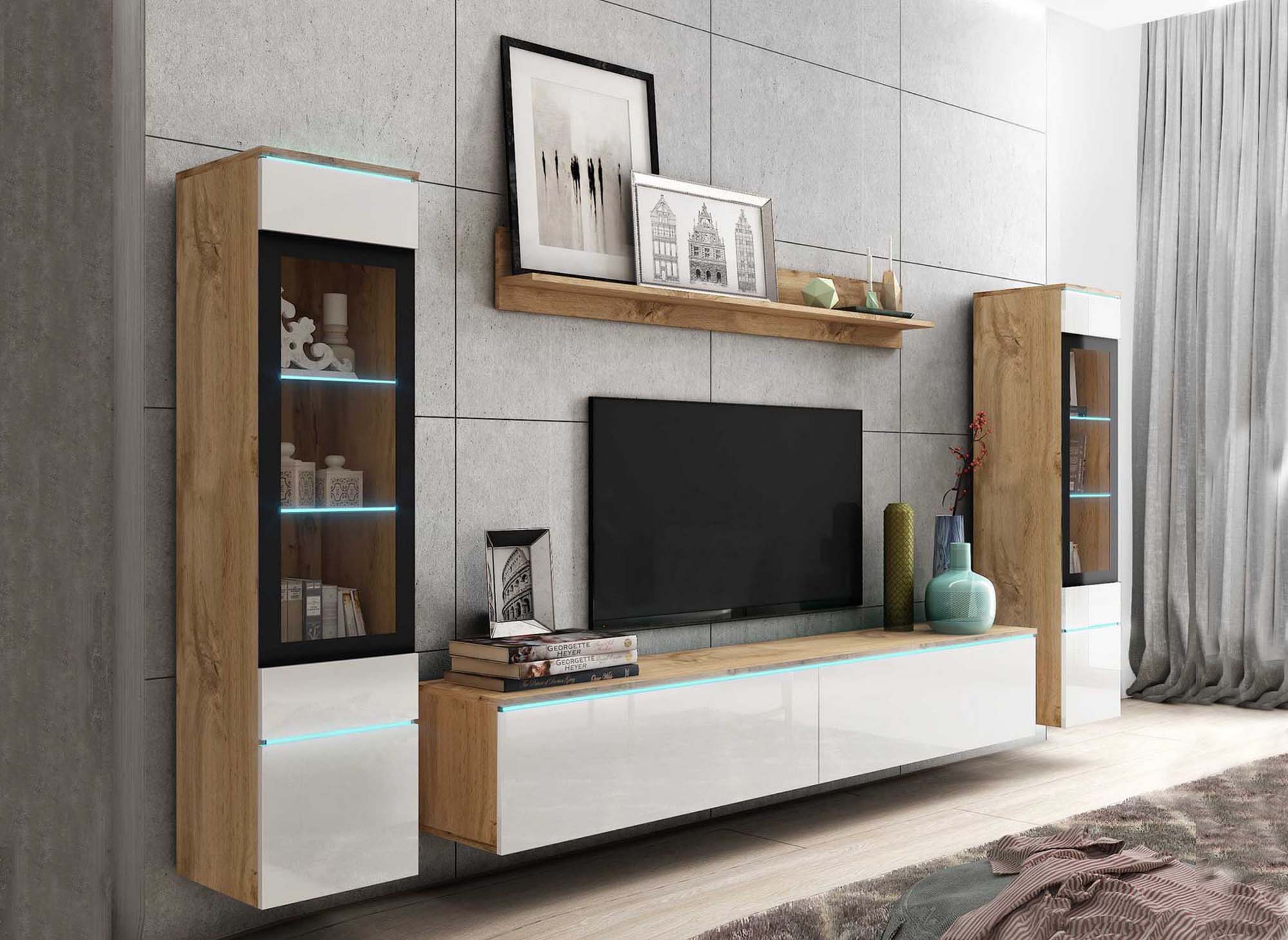 Mueble de TV contemporáneo en roble y laca blanca con iluminación LED - VERONICA XL