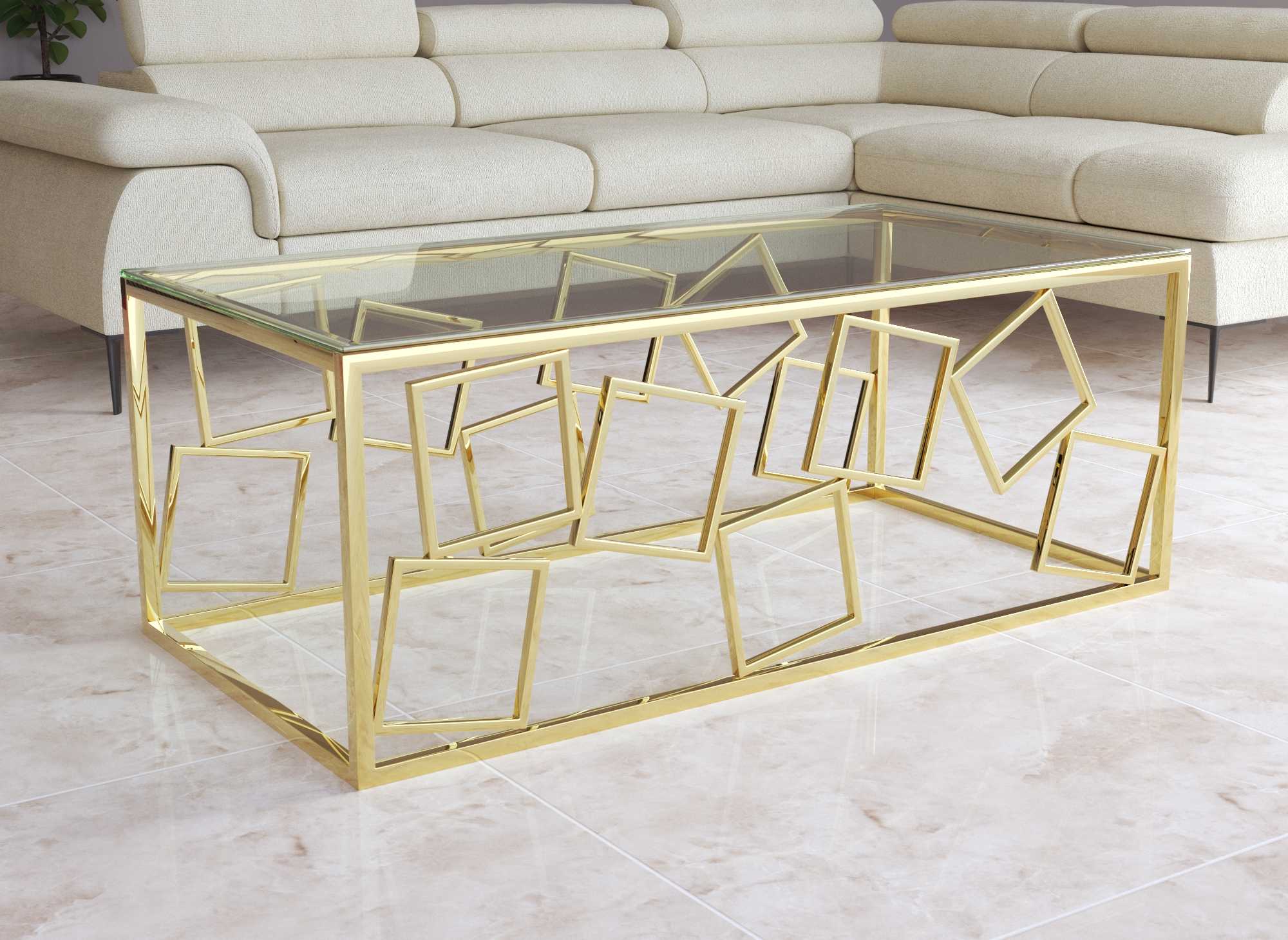 Mesa de centro rectangular de diseño ARVI en vidrio y metal dorado