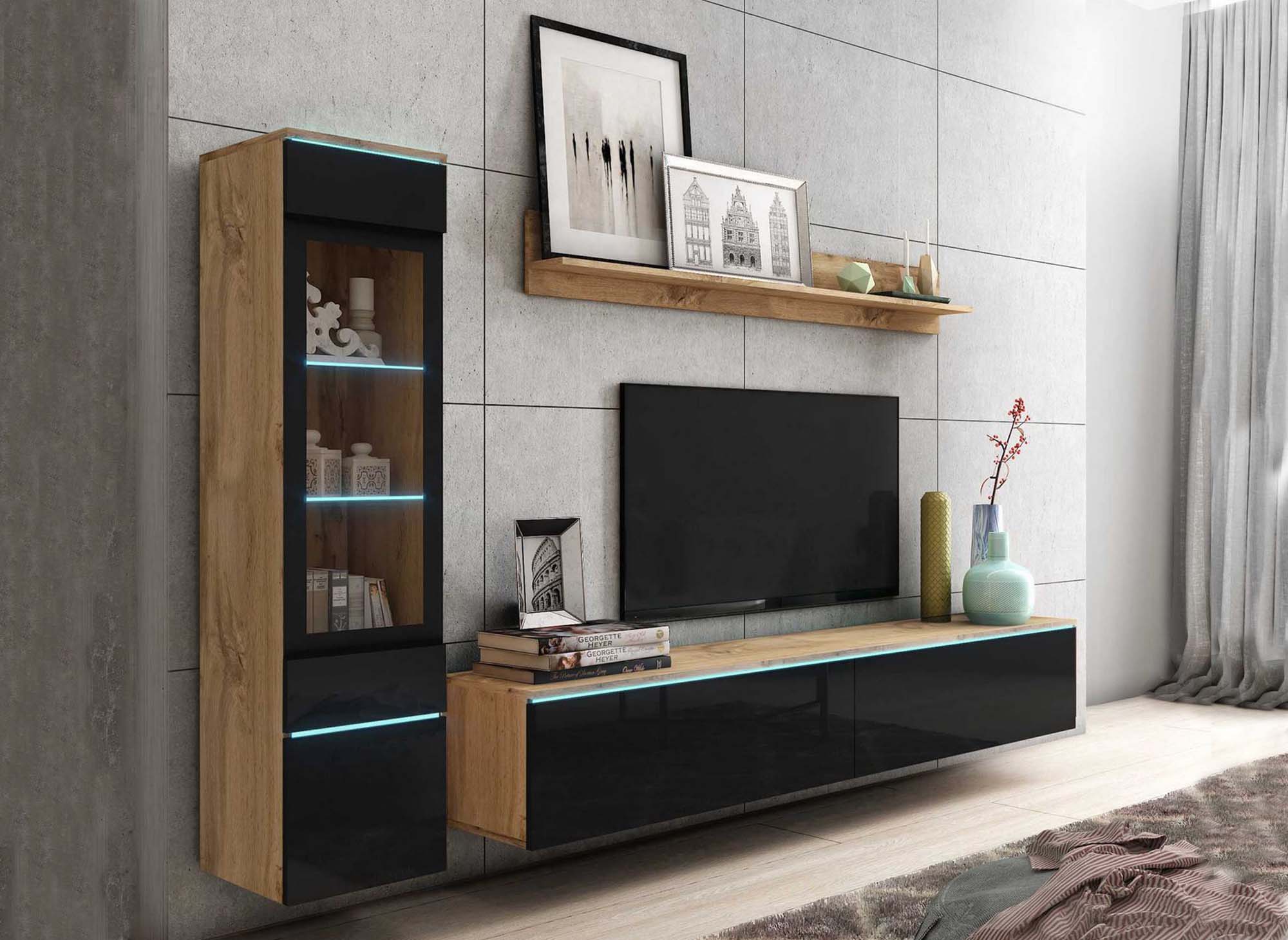Mueble de TV contemporáneo en roble y laca negra con iluminación LED - VERONICA
