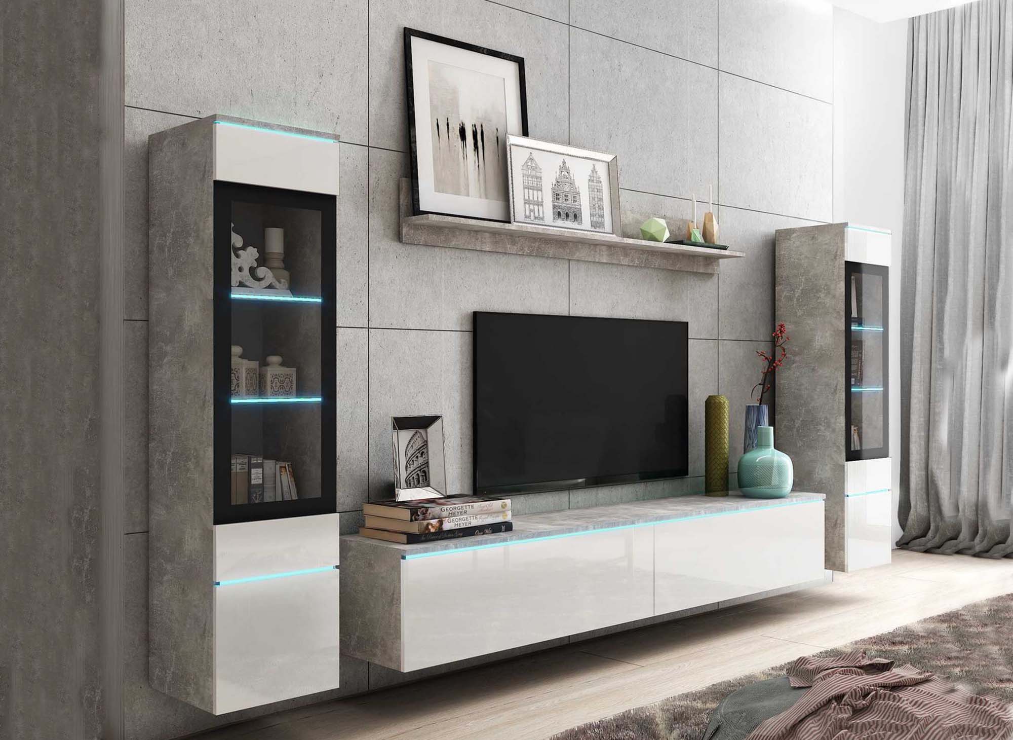 Mueble de TV contemporáneo en laca gris hormigón y blanca con iluminación LED - VERONICA XL