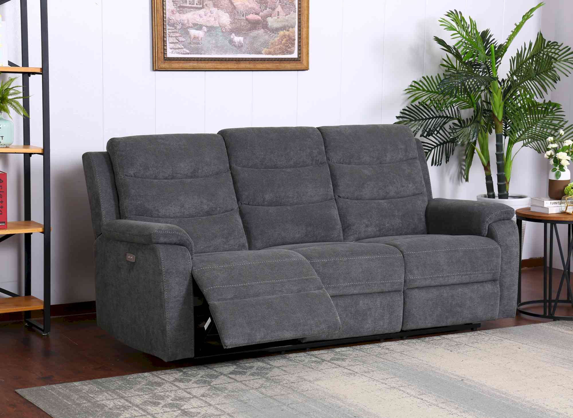 Sofá reclinable eléctrico de 3 plazas RICHARD en tela gris oscuro