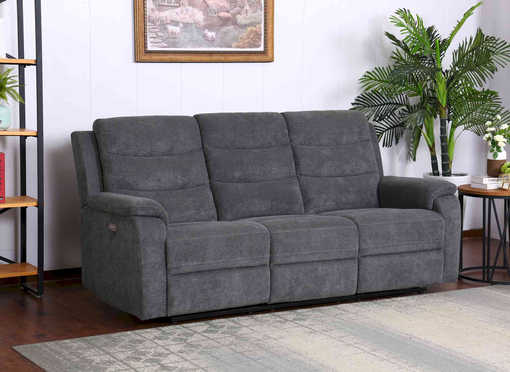 Sofá reclinable eléctrico de 3 plazas RICHARD en tela gris oscuro