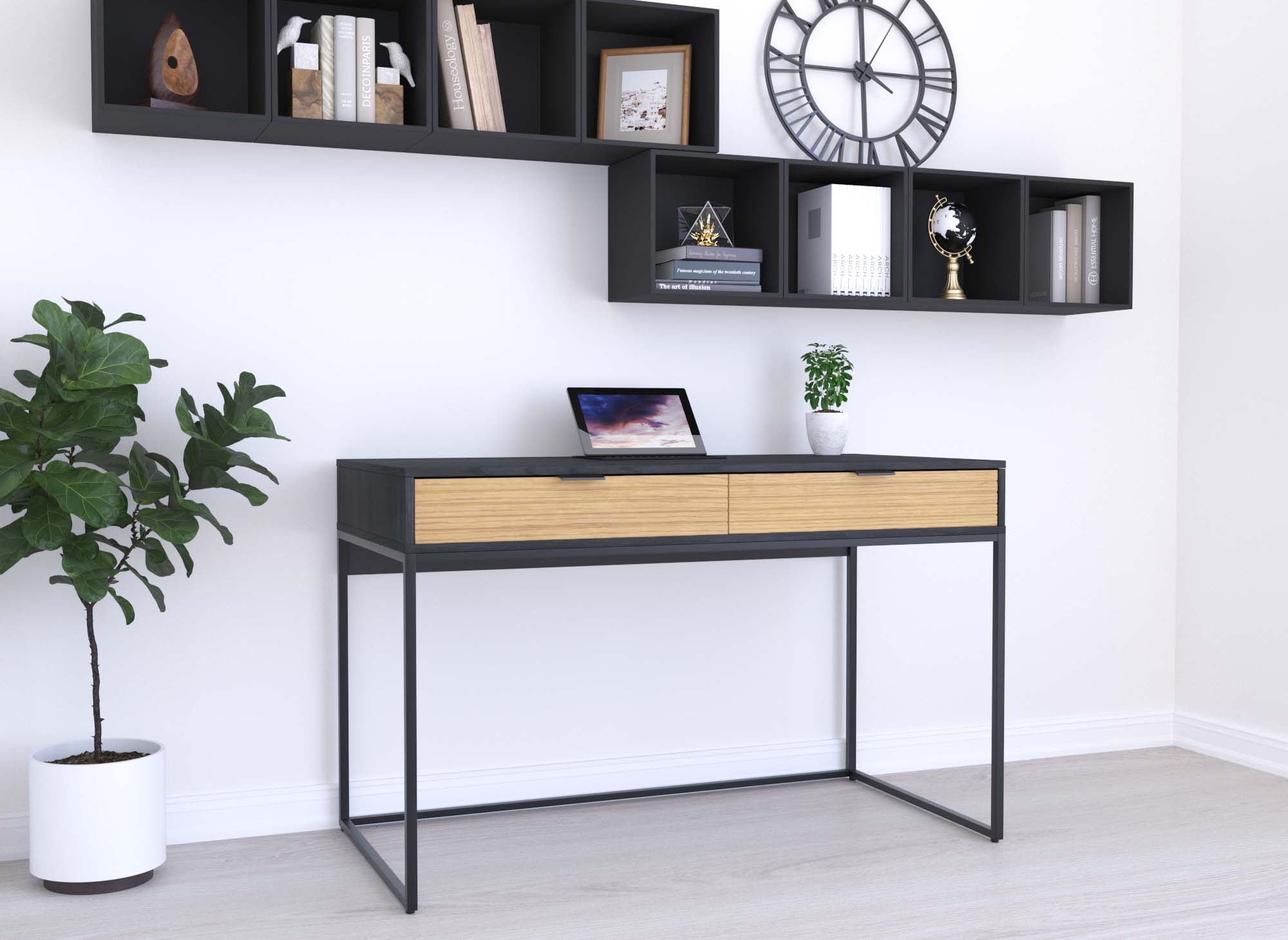 Escritorio TISSIA con 2 cajones en madera clara y metal negro