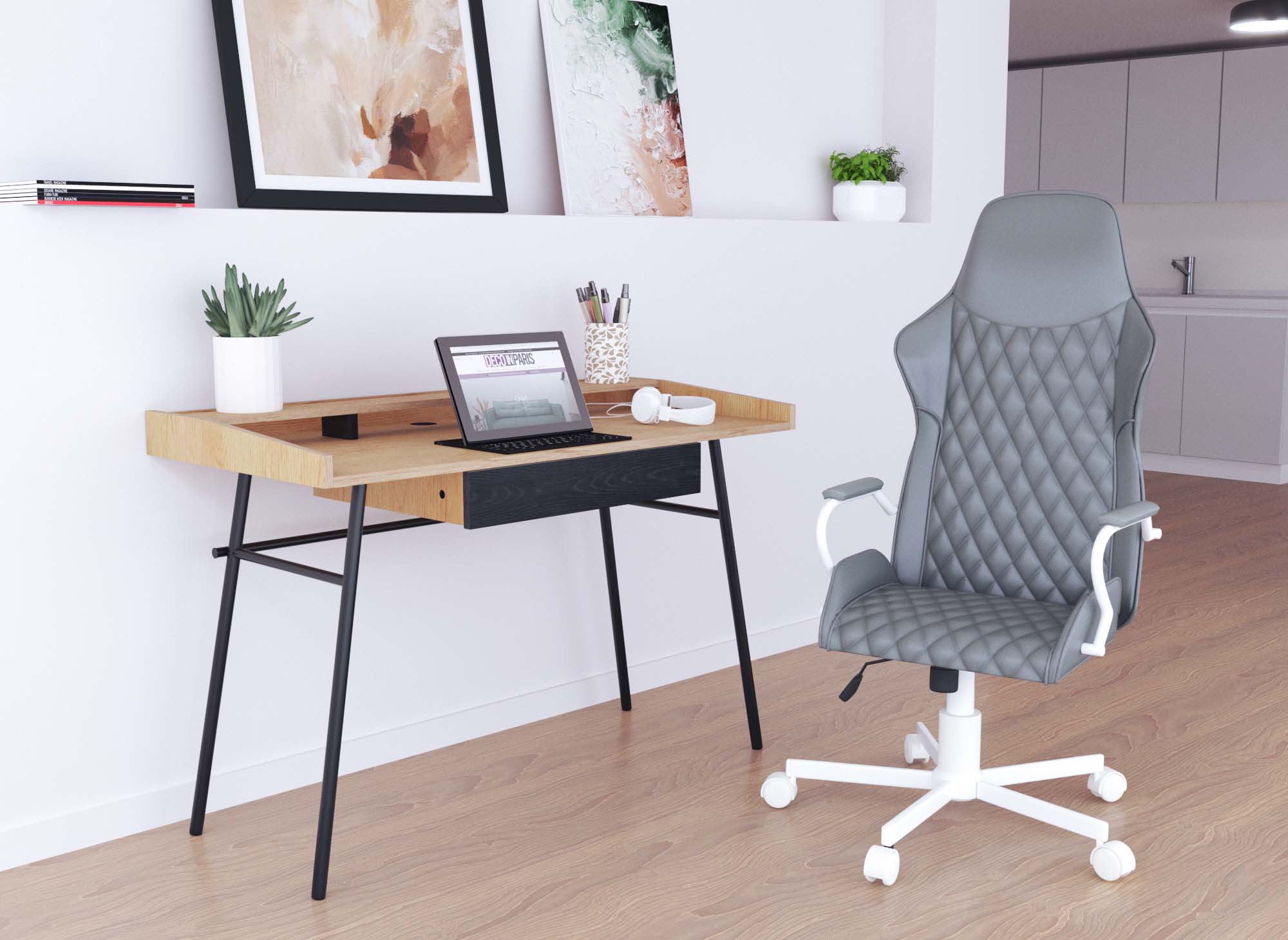 Escritorio industrial GASPARD con 1 cajón y 1 estante, fabricado en madera y metal.