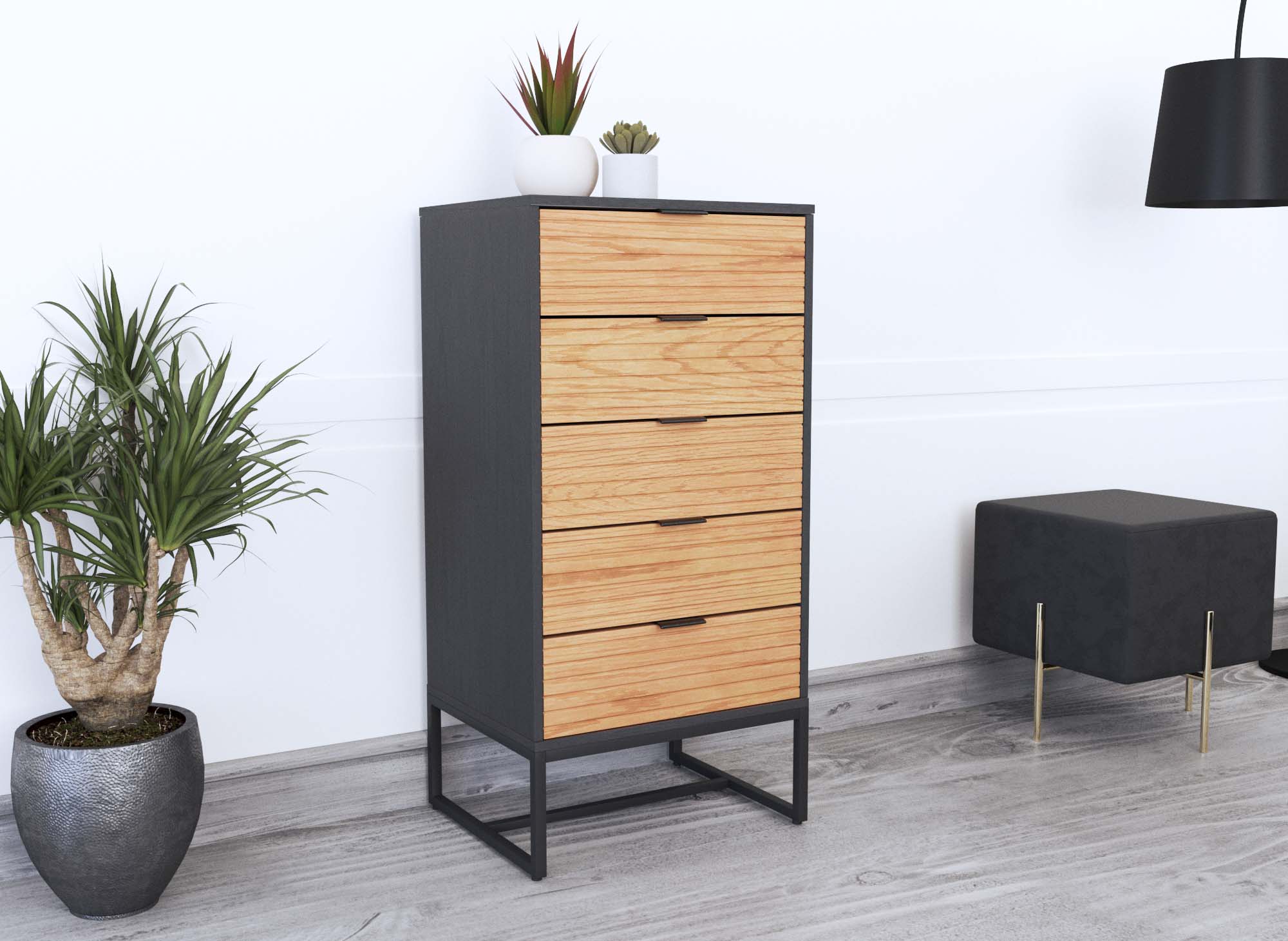 Cómoda TISSIA de 5 cajones en madera clara y metal negro