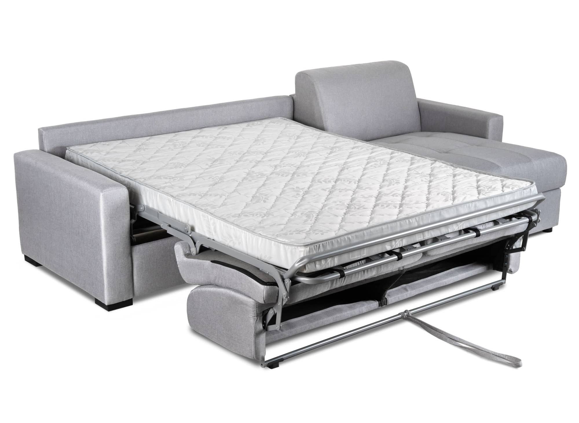 Sofá cama esquinero reversible LOUNA en tela gris con compartimento de almacenamiento