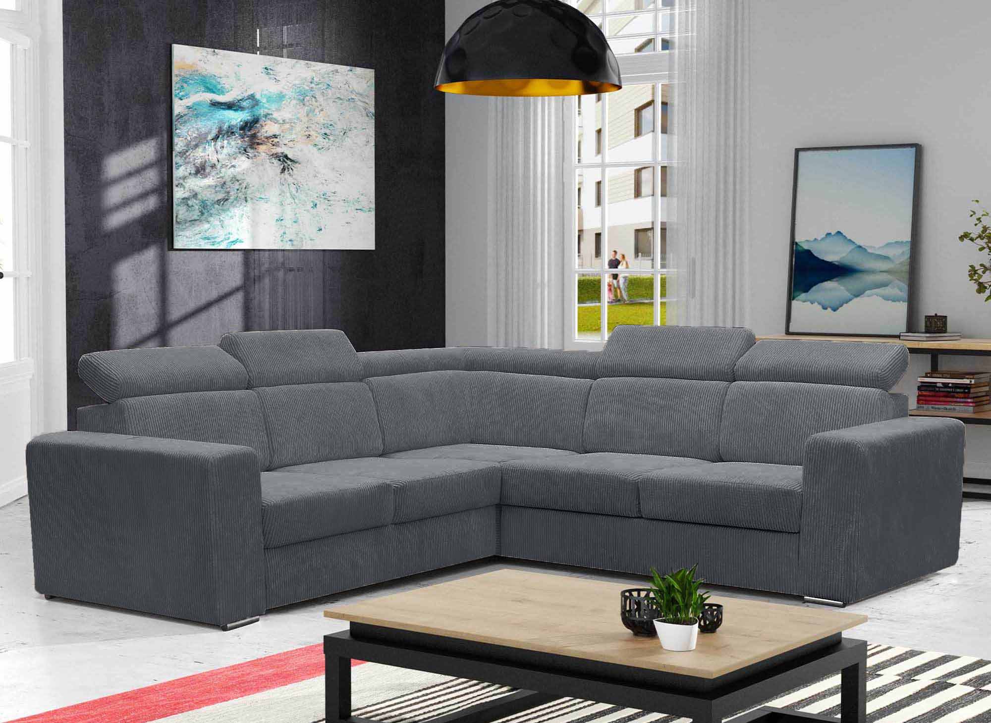 Sofá esquinero convertible y reversible MERYL en pana gris oscuro