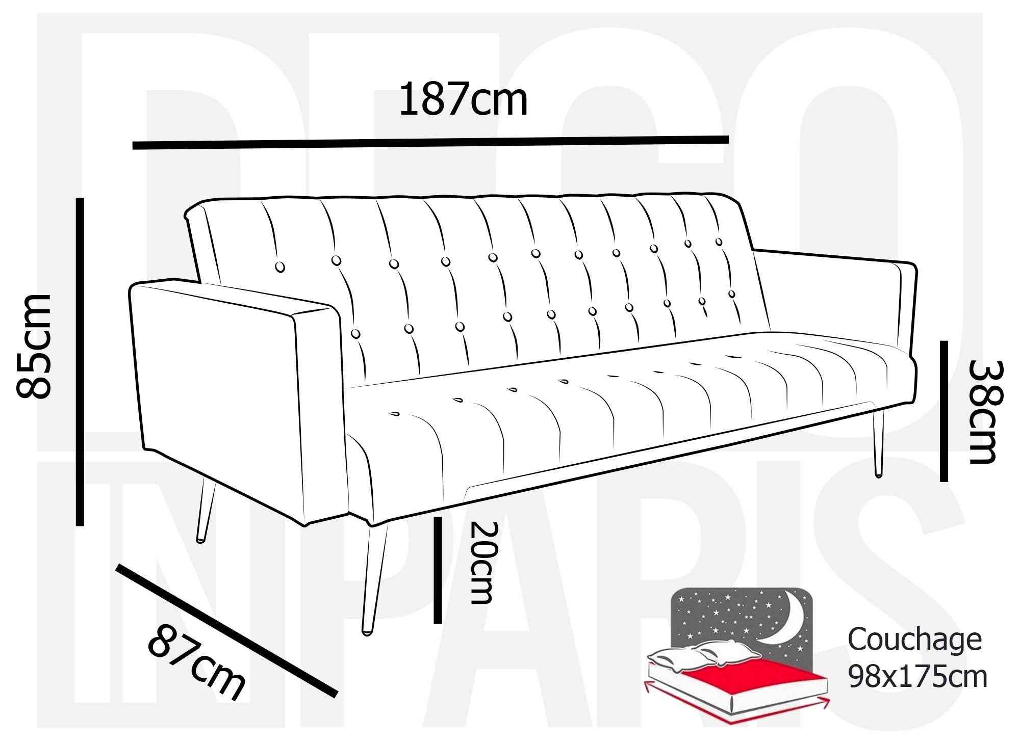Sofá CHICAGO de terciopelo beige con mecanismo clic-clac y patas de metal dorado