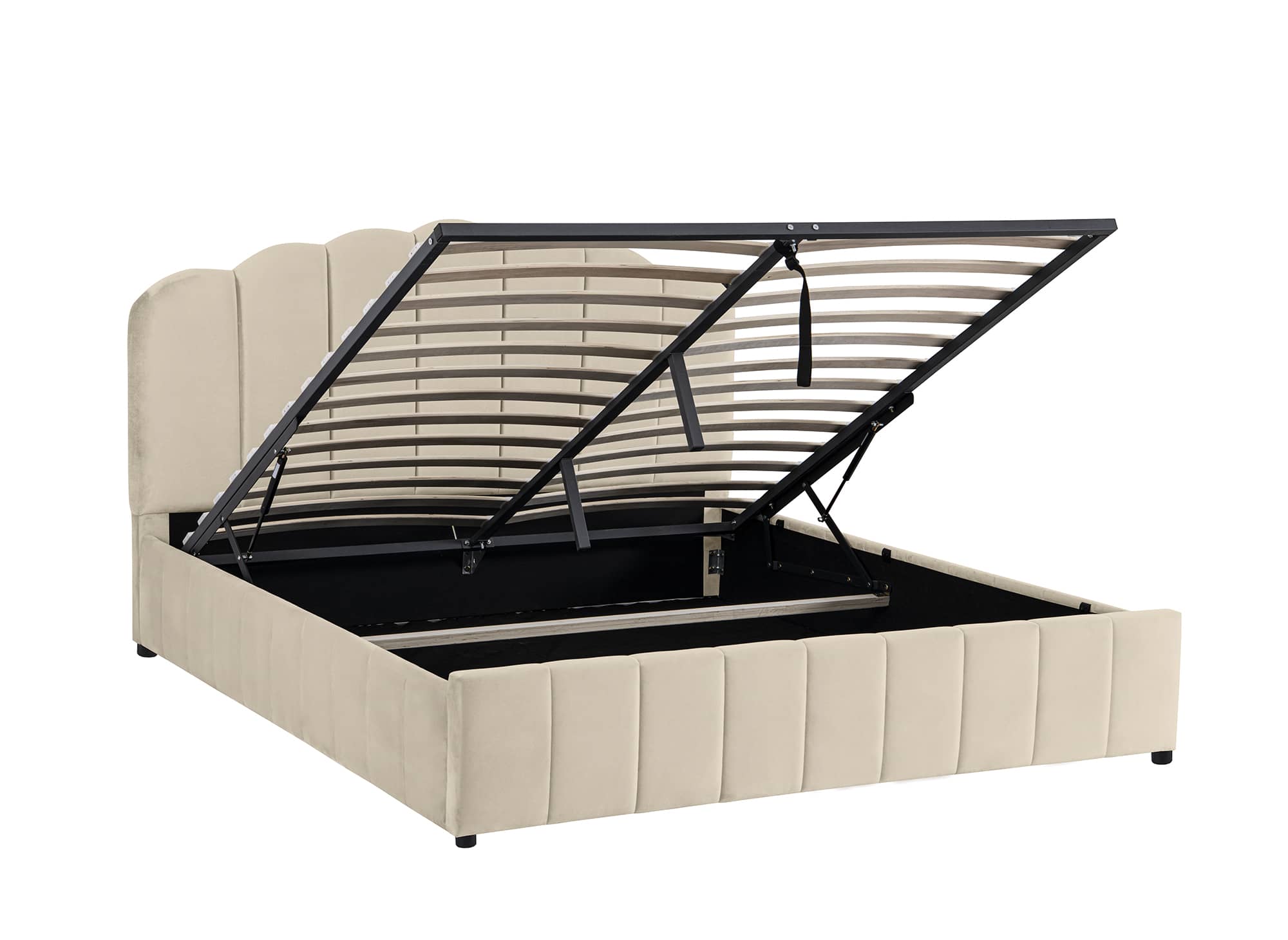 Cama Elvira de terciopelo beige con almacenaje, 160x200 cm