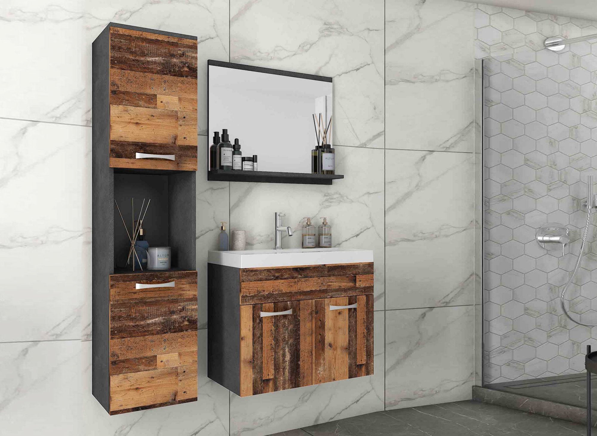 Conjunto de muebles de baño de diseño para montaje en pared HARMONY - Gris oscuro y roble envejecido