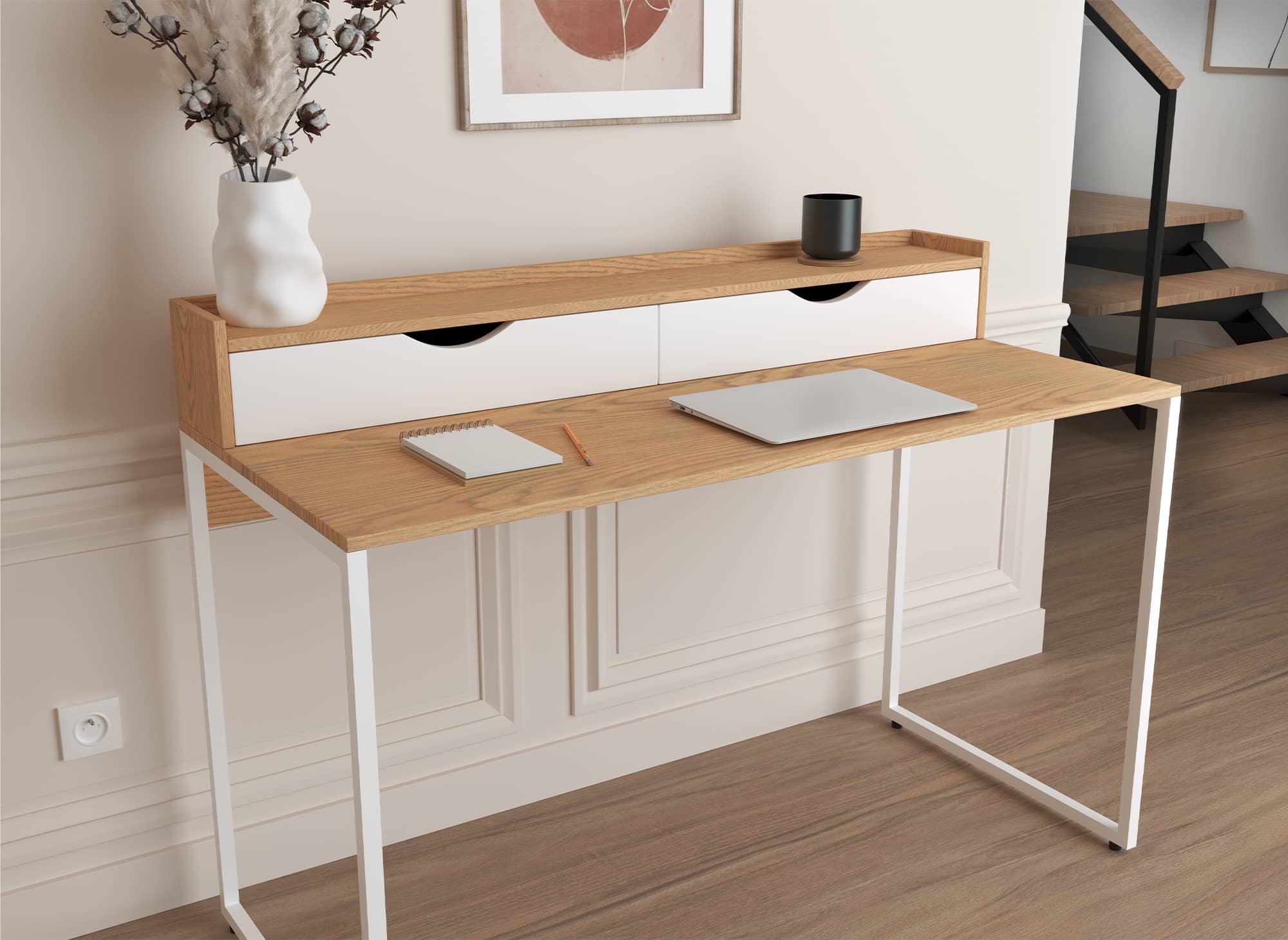 Escritorio escandinavo con almacenamiento de madera y metal NORBERT