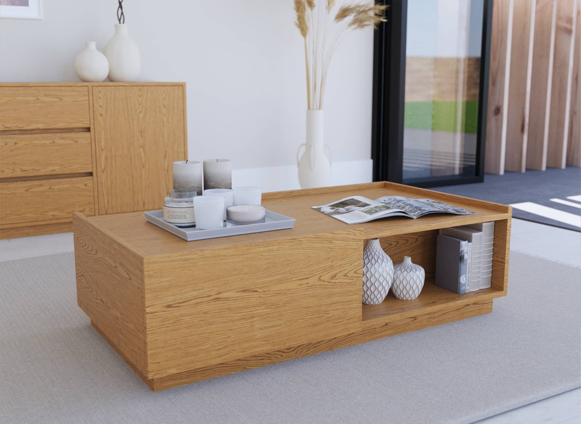 Mesa de centro SACHA con 2 cajones en madera color roble