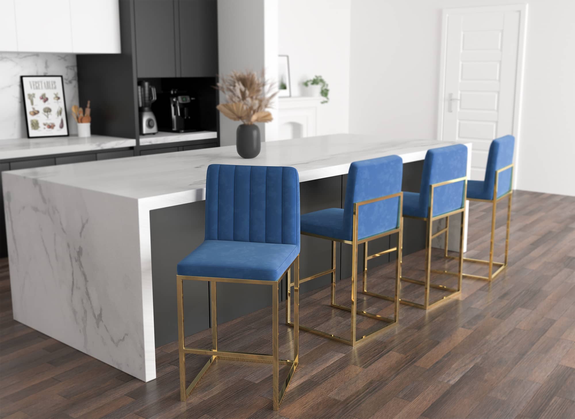 Juego de 2 taburetes de bar de diseño FRIDA en terciopelo azul