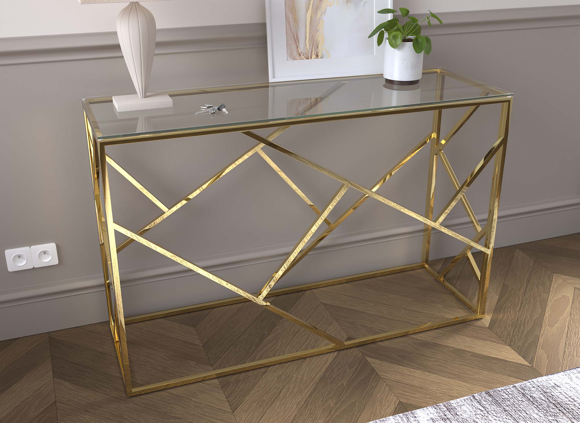 Consola de diseño DELTA en cristal transparente y metal dorado