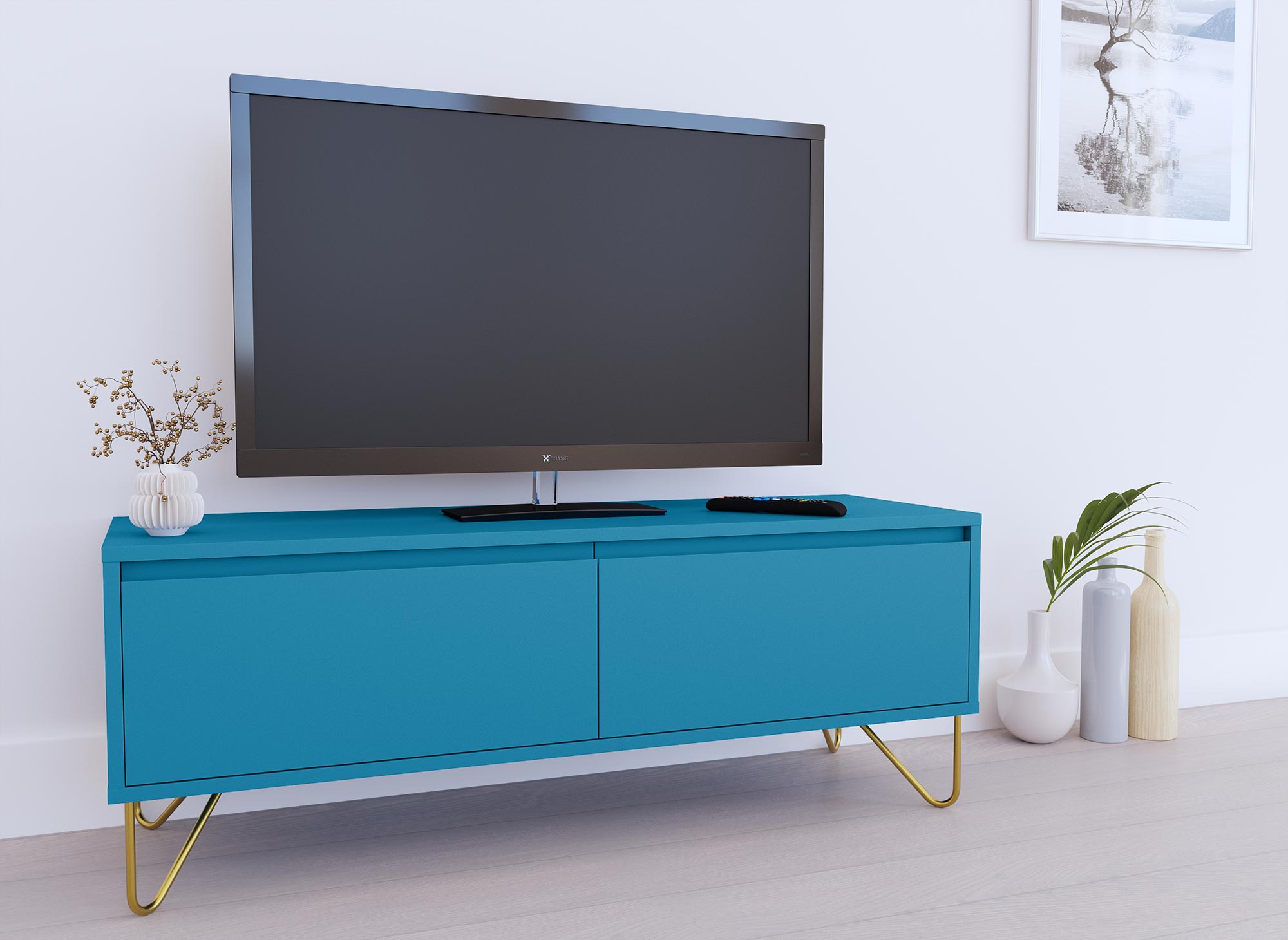 Mueble de TV DARINA con 1 cajón y 1 puerta, azul pato