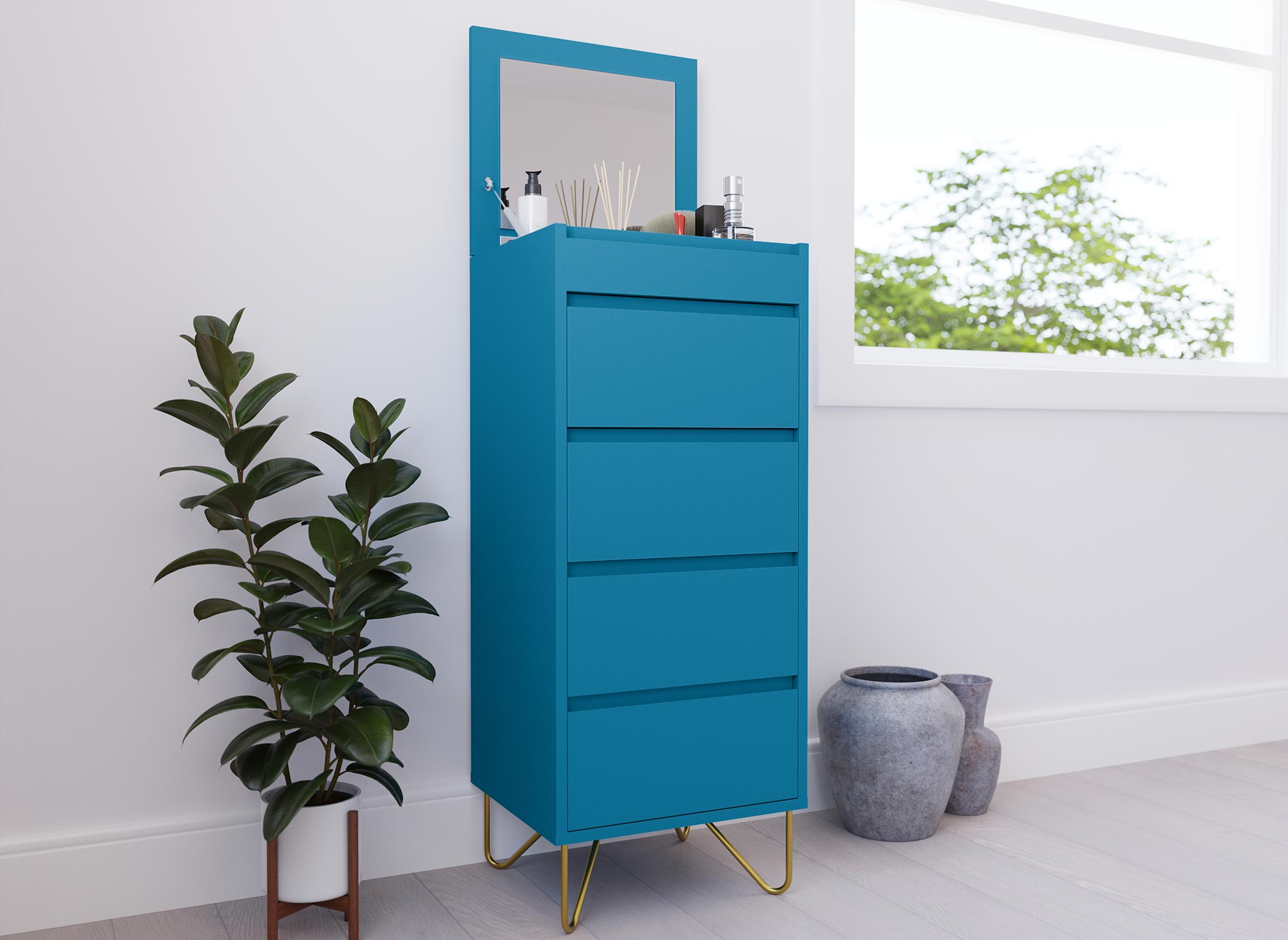 Cómoda DARINA de 4 cajones en color azul pato con tocador integrado