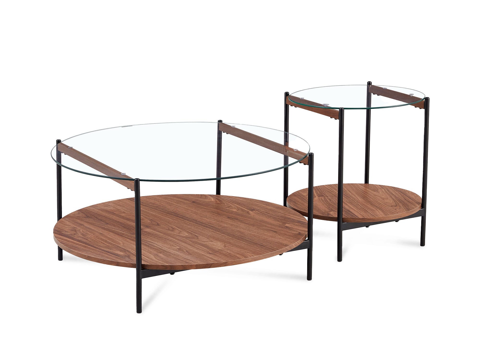 Juego de 2 mesas de centro redondas de cristal, madera y metal RIZZO