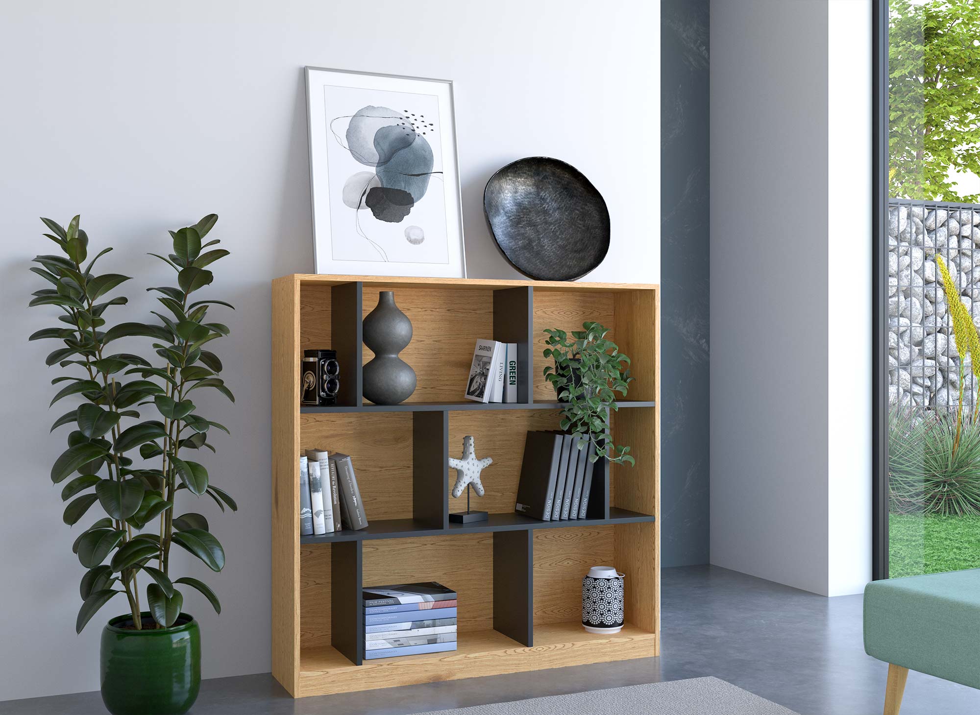 Librería de diseño OFELIA en madera negra y roble con 9 nichos