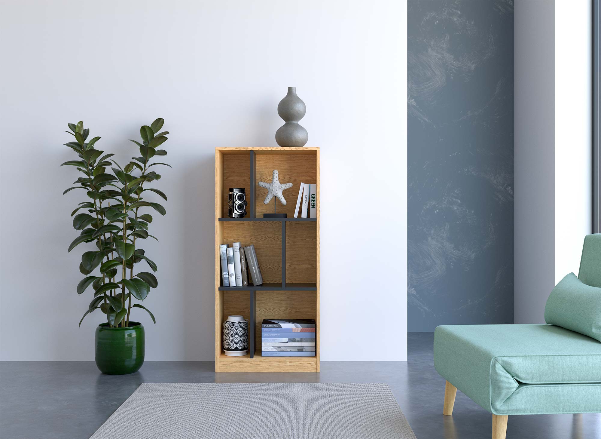 Librería de diseño OFELIA en madera negra y roble con 6 nichos